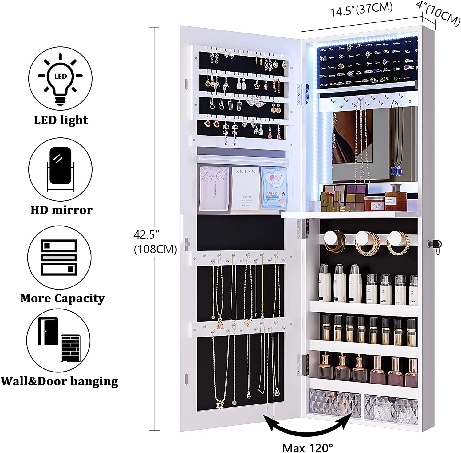 LED Jewelry Mirror Cabinet with 42.52" Tall Door Mirror,Lockable Wall Mounted Jewelry Organizer, Full Length Mirror Jewelry Cabinet,2 Small Storage Boxes (White)