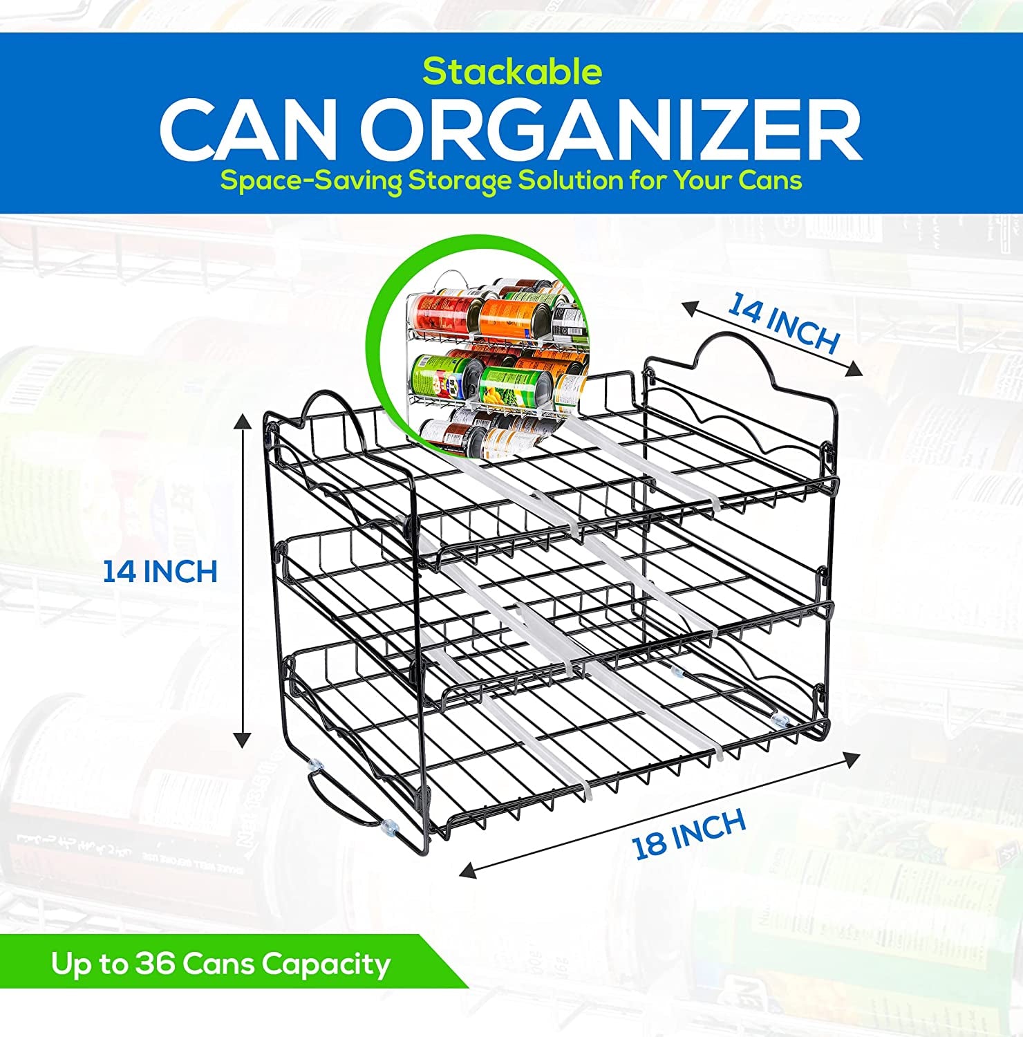 Storage Can Rack Organizer, Stackable Can Organizer Holds Upto 36 Cans for Kitchen Cabinet or Pantry (Black)