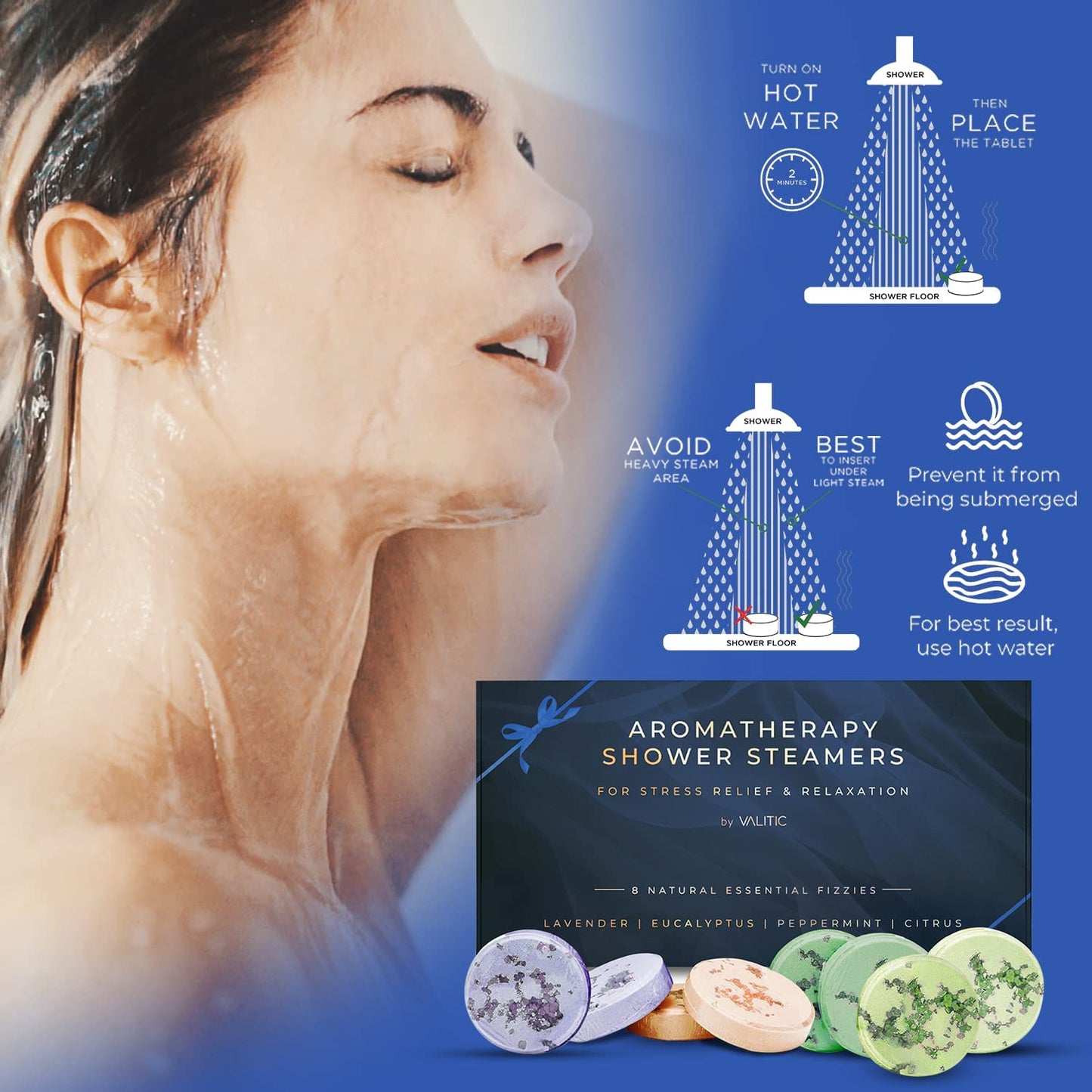 Aromatherapy Shower Steamers for Stress Relief and Relaxation - Gifts for Women Mom Birthday 8 Natural Essential Fizzies Shower Bombs - 4 Scents - Lavender, Eucalyptus, Citrus, and Peppermint