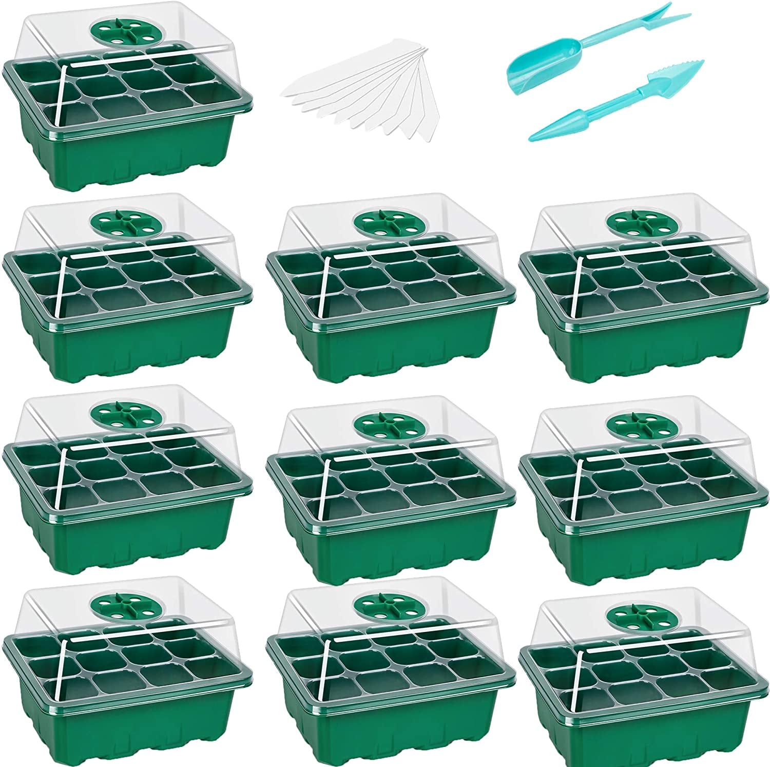 10 Packs Seed Starter Tray Seedling Tray (12 Cells per Tray) Humidity Adjustable Plant Starter Kit with Dome and Base Greenhouse Grow Trays for Seeds Growing Starting