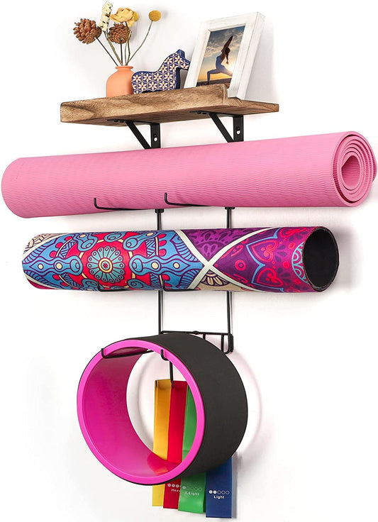 Yoga Mat Holder Wall Mount Yoga Mat Storage Home Gym Accessories with Wood Floating Shelves and 4 Hooks for Hanging Foam Roller and Resistance Bands Fitness Home Gym