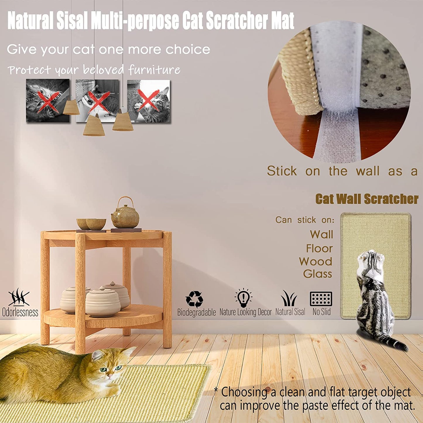 Cat Scratcher Mat, 23.6X15.7” Natural Sisal Scratching Mat with Velcro Tape,Stick on Floor and Wall Cat Scratch Pad Rug, Horizontal Cat Scratch Mat Protect Carpet and Sofa (Natural Color)