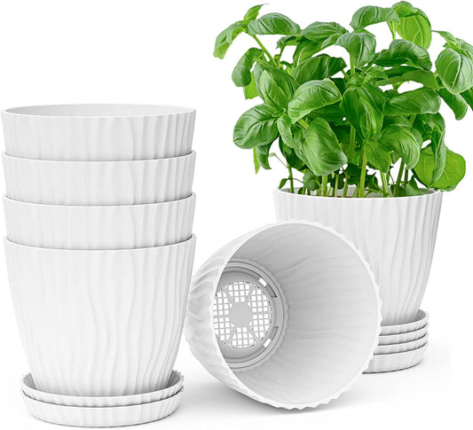 6 Pack Plant Pots, 7Inch White Plastic Flower Pots with Drainage Holes and Saucers, Large Planters for Indoor Plants Modern Decorative Planting Pots Outdoor