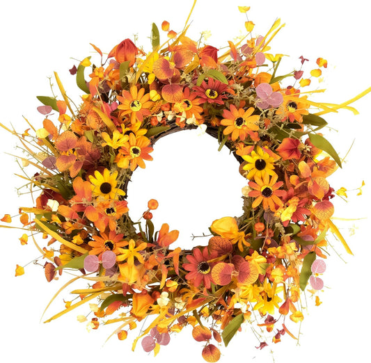 22" Fall Wreaths for Front Door,Artificial Fall Wreath Floral Autumn Wreath with Colorful Daisies Fall Foliage for Indoor Outdoor Wall Fireplace Thanksgiving Day Celebration