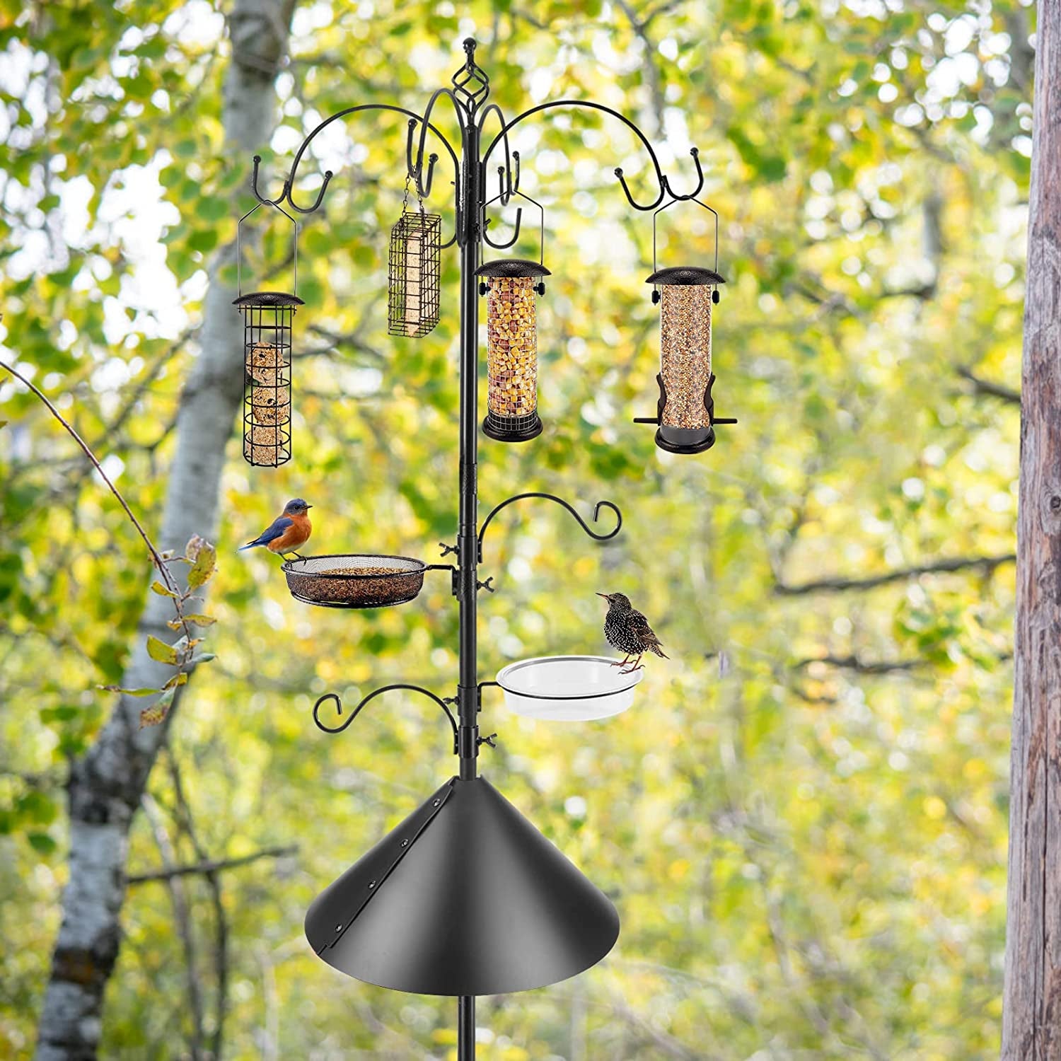 Bird Feeder Station Bird Feeding Station Kit Bird Feeder Pole Wild Bird Feeder Kit with Squirrel Baffle and Suet Cage Mesh Tray Fruit Hook Double W Hook for Attracting Wild Birds (15"L X 3"W X 6"H)