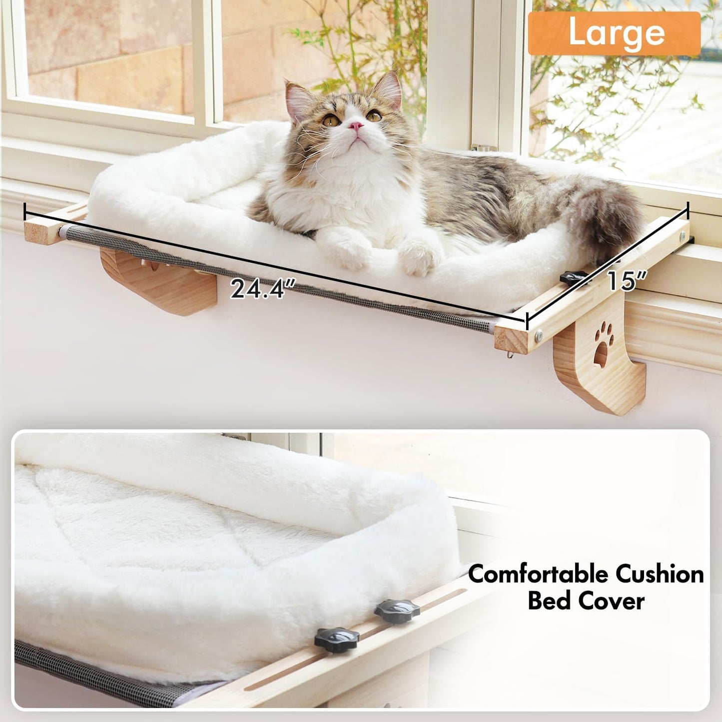 Cat Sill Window Perch Sturdy Cat Hammock Window Seat with Cushion Bed Cover, Wood & Metal Frame for Large Cats, Easy to Adjust Cat Bed for Windowsill, Bedside, Drawer and Cabinet(Cushion Bed)