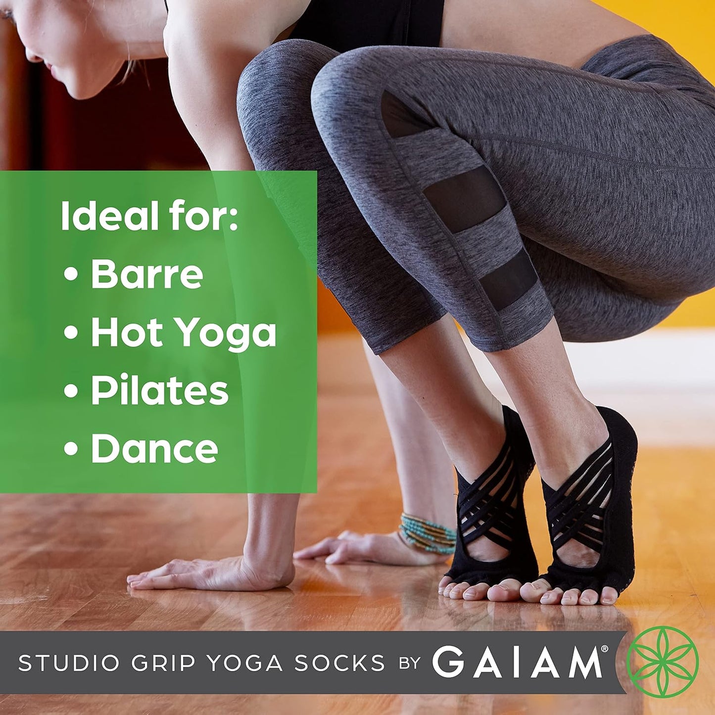 Grippy Studio Yoga Socks for Extra Grip in Standard or Hot Yoga, Barre, Pilates, Ballet or at Home for Added Balance and Stability, Black, Small-Medium, One Size