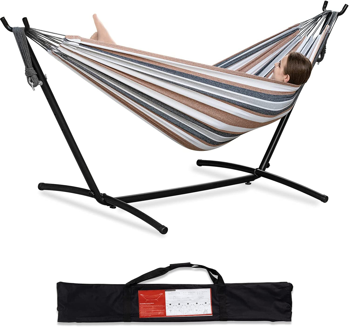 Double Hammock with Space Saving Steel Stand Included 2 Person Heavy Duty outside Garden Yard Outdoor 450Lb Capacity 2 People Standing Hammocks and Portable Carrying Bag (Coffee)