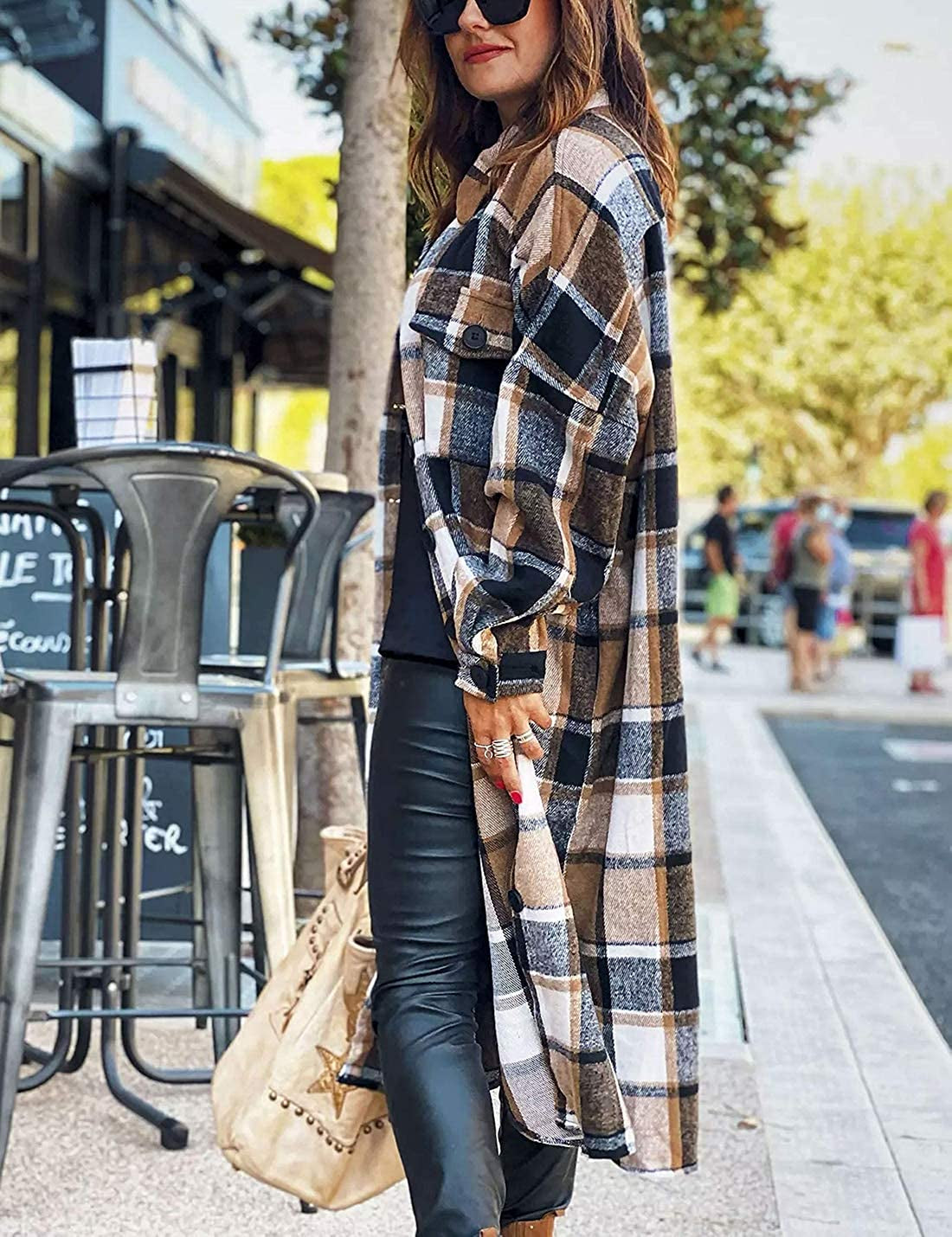 Women'S Lounge Lapel Button up Long Sleeve Plaid Long Shirt Jacket Shacket