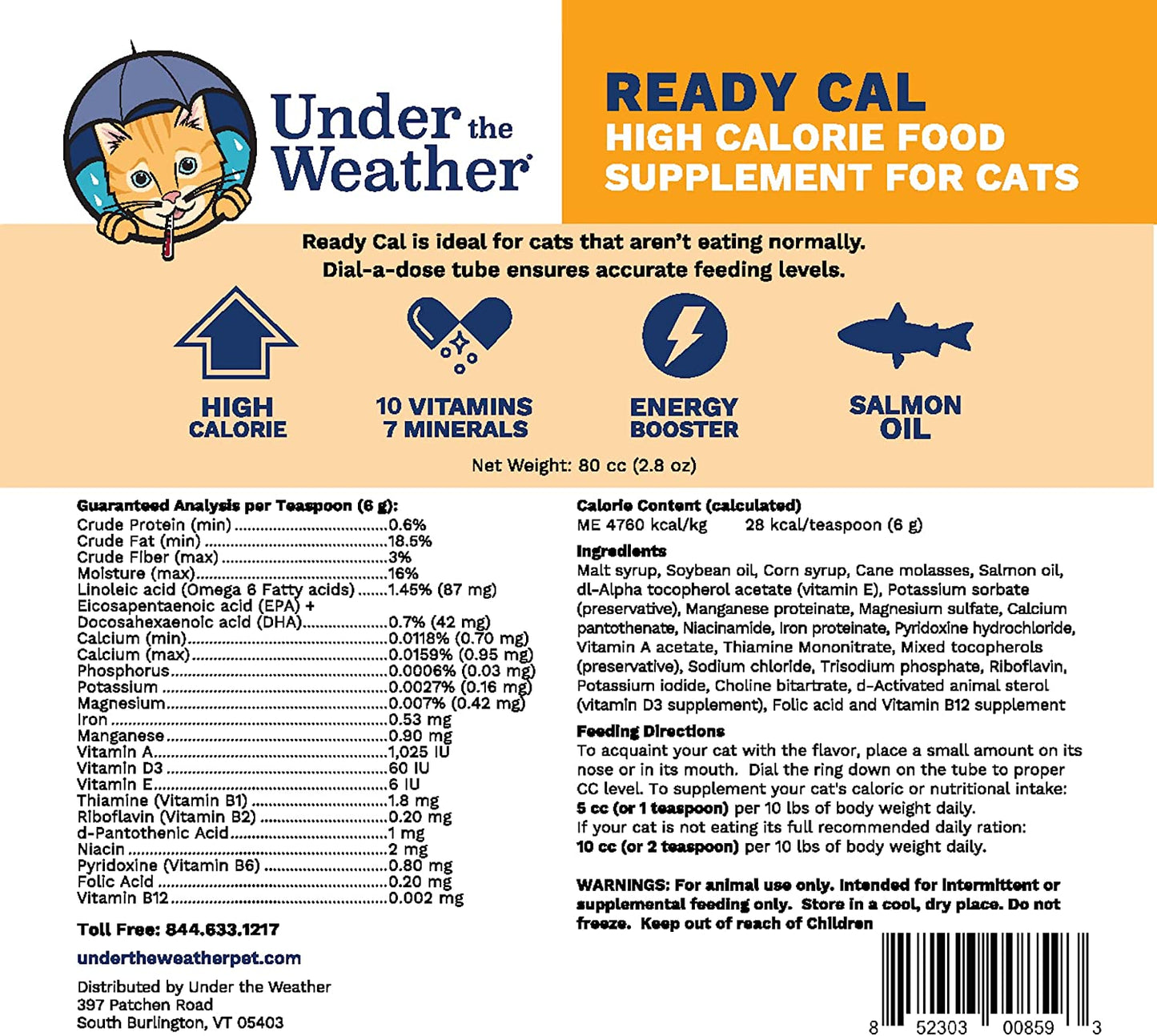 Pet | Ready Cal for Cats 100Cc | High Calorie Supplement | Cat Weight Gainer and High Calorie Booster | 10 Vitamins, 7 Minerals & Omega Fatty Acids (For Cats 100Cc)