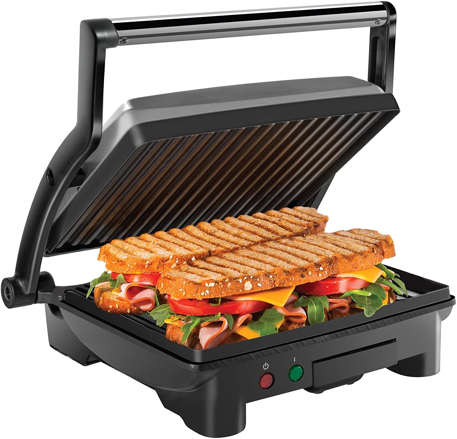 Panini Press Grill and Gourmet Sandwich Maker Non-Stick Coated Plates, Opens 180 Degrees to Fit Any Type or Size of Food, Stainless Steel Surface and Removable Drip Tray, 4 Slice, Black