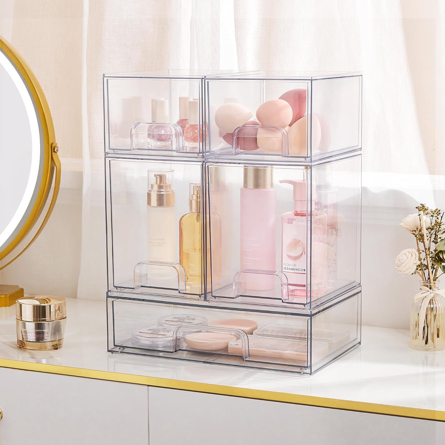4 Pack Clear Stackable Storage Drawers, 4.4'' Tall Acrylic Bathroom Makeup Organizer,Plastic Storage Bins for Vanity, Undersink, Kitchen Cabinets, Pantry, Home Organization and Storage