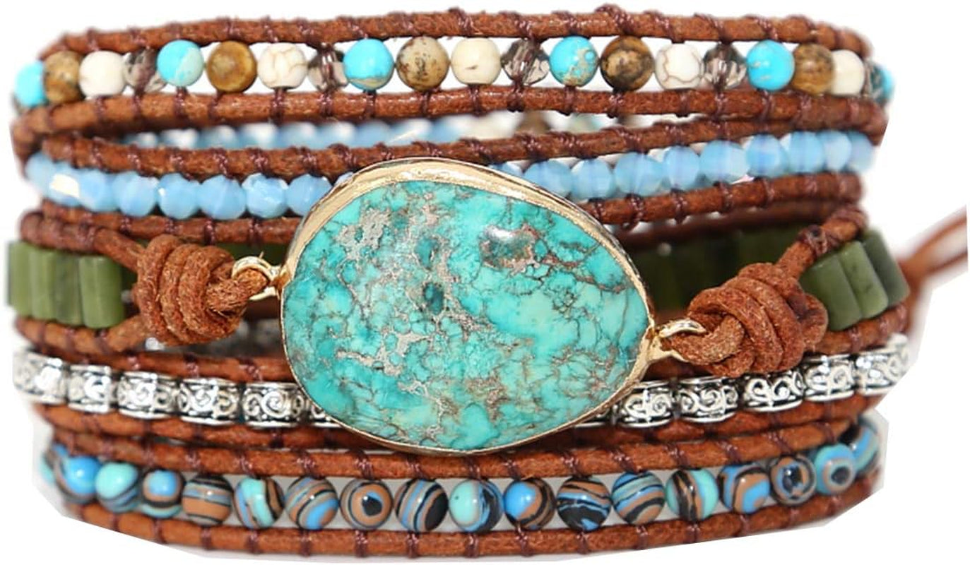 Boho Handmade Natural Stone Wrap Bracelets Turquoises Crystal Beads Bracelet Jewelry