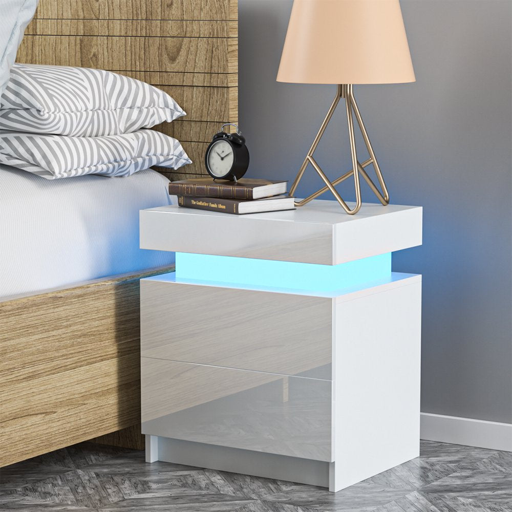 LED Light Bedside Table Cabinet Nightstand with Drawer Home Bedroom - White High Gloss Finish