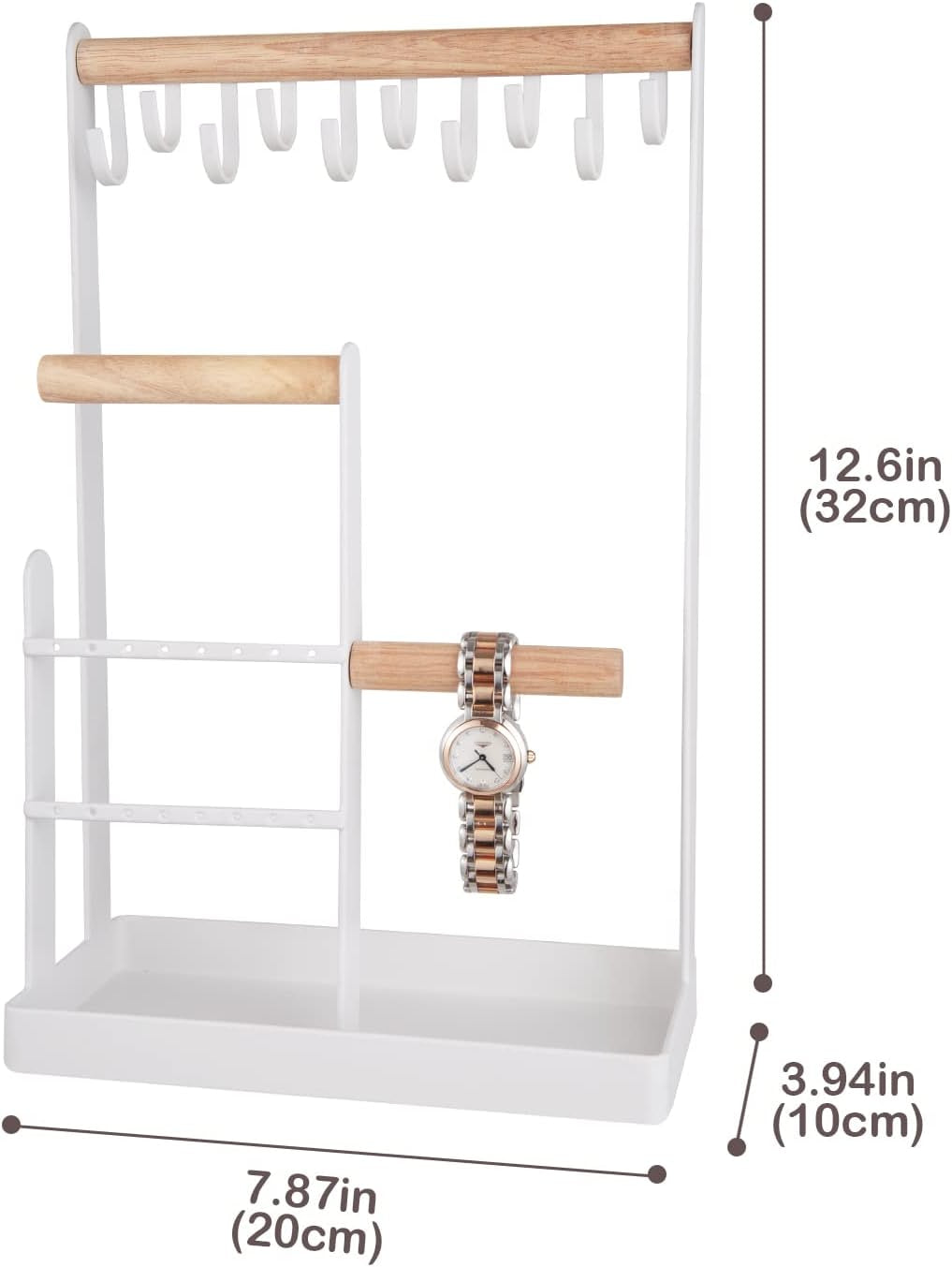Jewelry Organizer Stand Necklace Holder, 4-Tier Jewelry Tower Rack with Earring Tray and Holes, 10 Hooks Necklaces Hanging Storage Tree Display for Bracelets Watches Earrings Rings -White