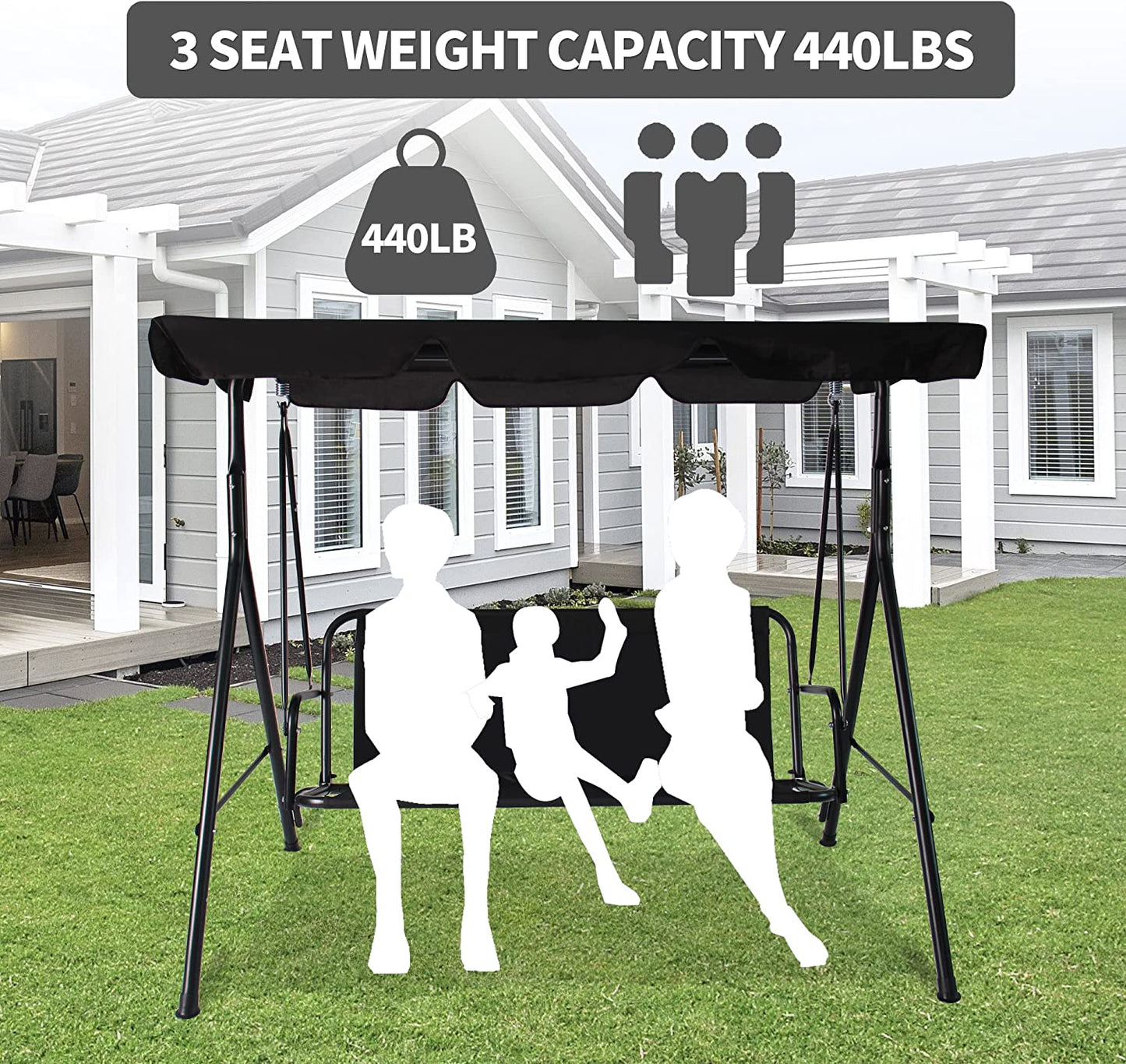 3-Seat Patio Swing Chair,Outdoor Porch Swing with Adjustable Canopy and Durable Steel Frame for Patio, Garden, Poolside (Black)