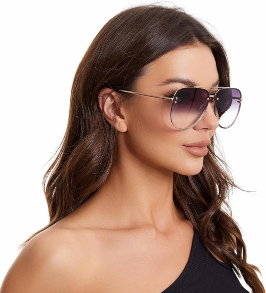 Premium Rimless Oversized Aviator Sunglasses for Women, Polarized PC Lens UV Protection Women’S Shade VF2203