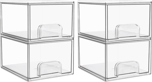 4 Pack Clear Stackable Storage Drawers, 4.4'' Tall Acrylic Bathroom Makeup Organizer,Plastic Storage Bins for Vanity, Undersink, Kitchen Cabinets, Pantry, Home Organization and Storage