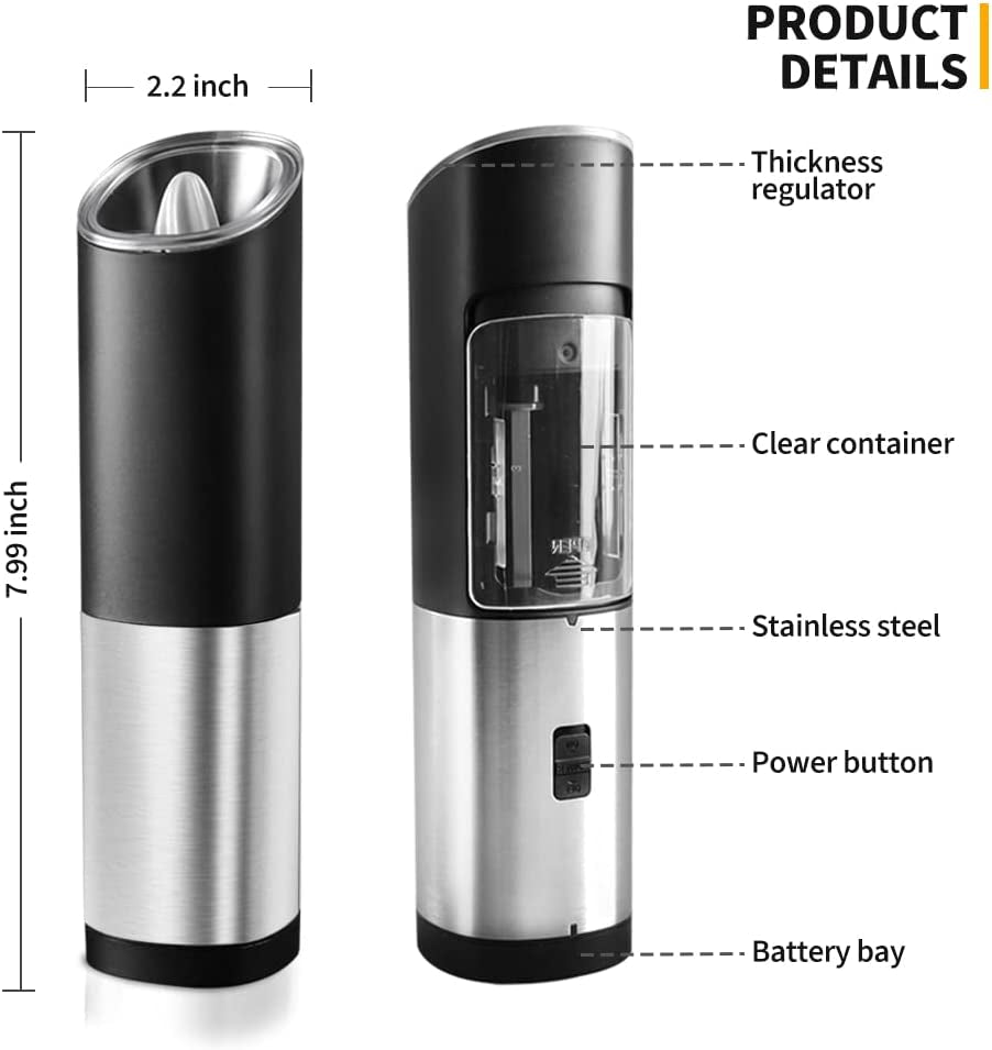 Electric Salt and Pepper Grinder-Gravity Automatic Spice Mill Set-Battery Powered W/ LED Light, Adjustable Coarseness, One Hand Operated Smart Kitchen Gadgets, Stainless Steel, 2 Pack