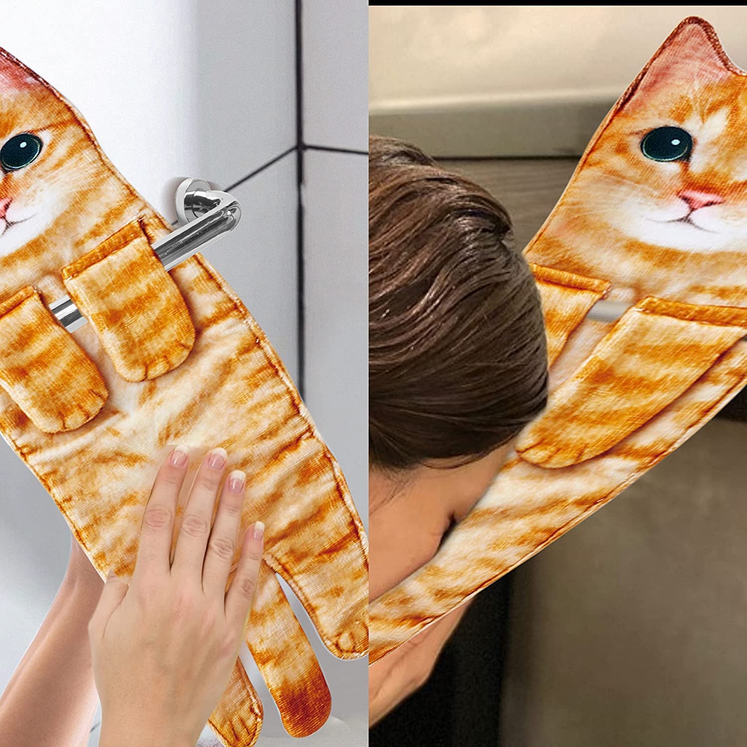 Cat Funny Hand Towels for Bathroom Kitchen - Cute Decorative Cat Decor Hanging Washcloths Face Towels Super Absorbent Soft- Housewarming Gift for Cat Lovers - Orange