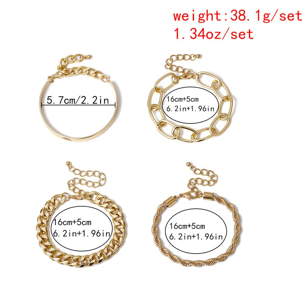 Dainty Boho Gold Silver Chain Bracelets Set for Women Adjustable Fashion Beaded Chunky Flat Cable Chain Punk Bracelets Jewelry for Women Girls Gift Set of 4 (Silver)