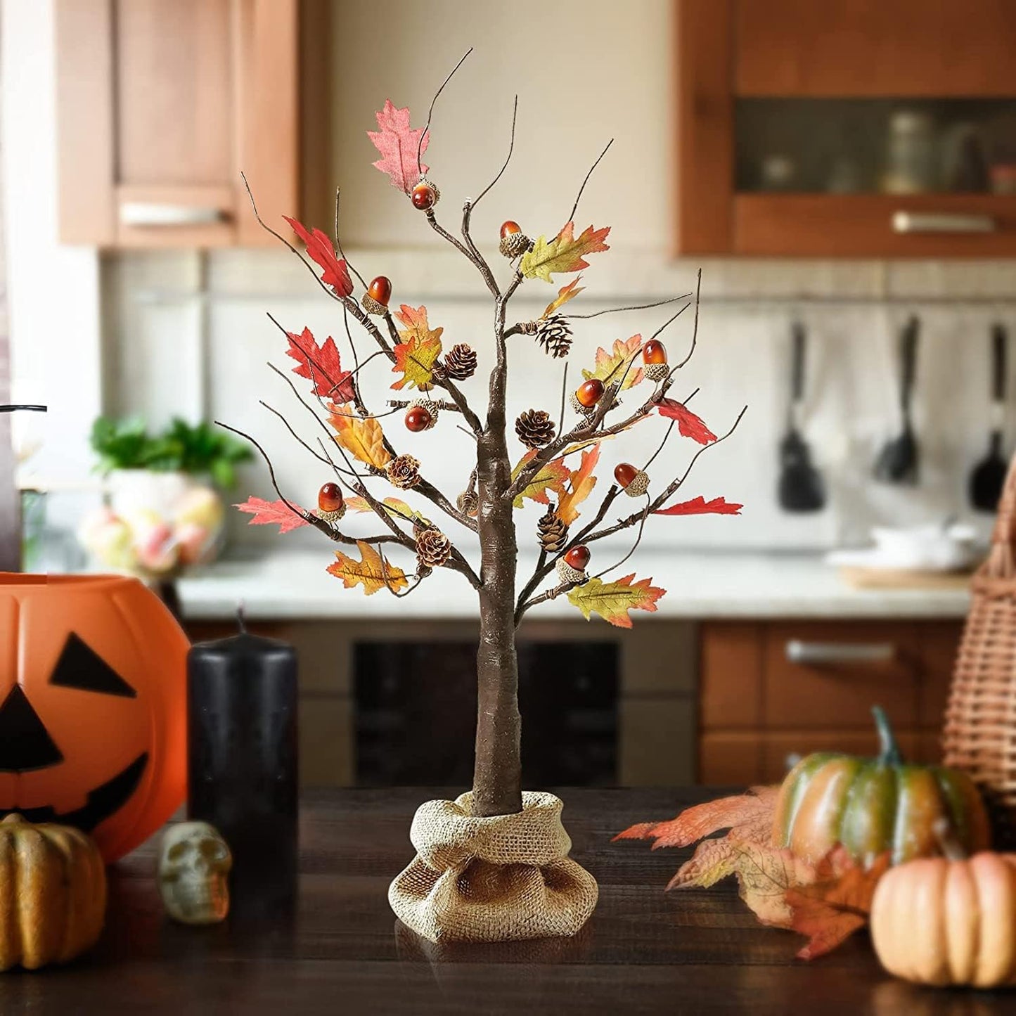 24 Inch Artificial Fall Oak Maple Tree, Lighted Fall Decorations for Home, Fall Centerpieces for Tables, Perfect for Thanksgiving, Autumn, Wedding and Halloween Decor