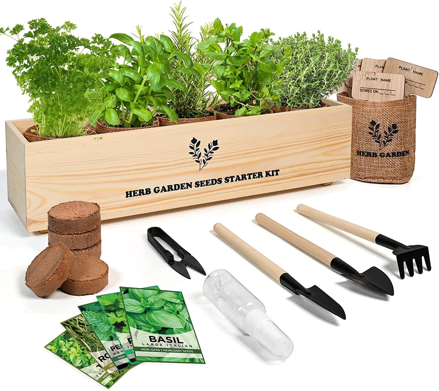 Indoor Herb Grow Kit, 5 Herb Seeds Garden Starter Kit with Complete Planting Kit & Wooden Flower Box, Growing into Basil, Parsley, Rosemary, Thyme, Mint for Kitchen Windowsill Herb Garden DIY