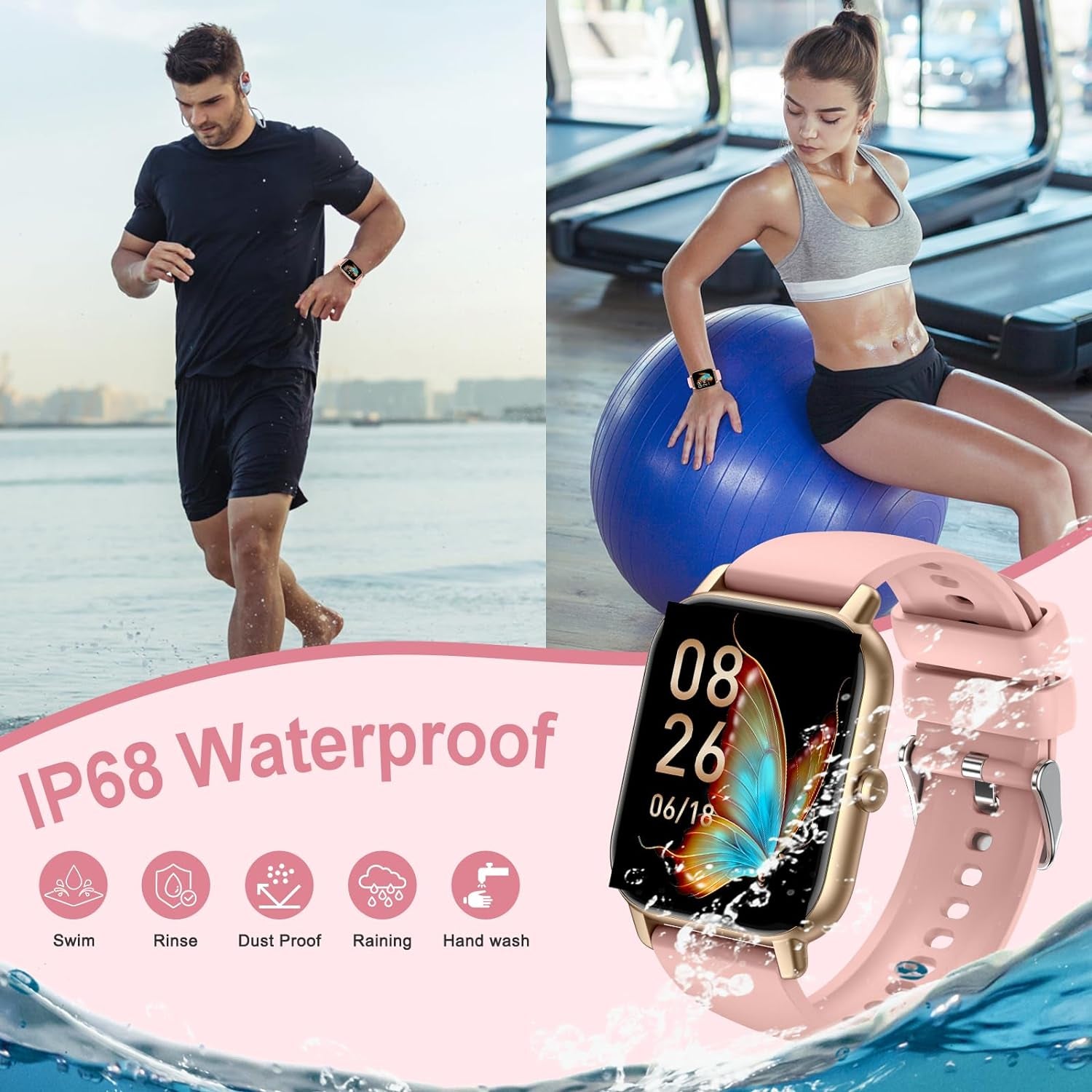 Smart Watch (Answer/Make Calls), 1.85" Smart Watches for Men Women 110+ Sport Modes Fitness Tracker with Sleep Heart Rate Monitor, Pedometer, IP68 Waterproof Fitness Watch for Ios Android Gold Pink