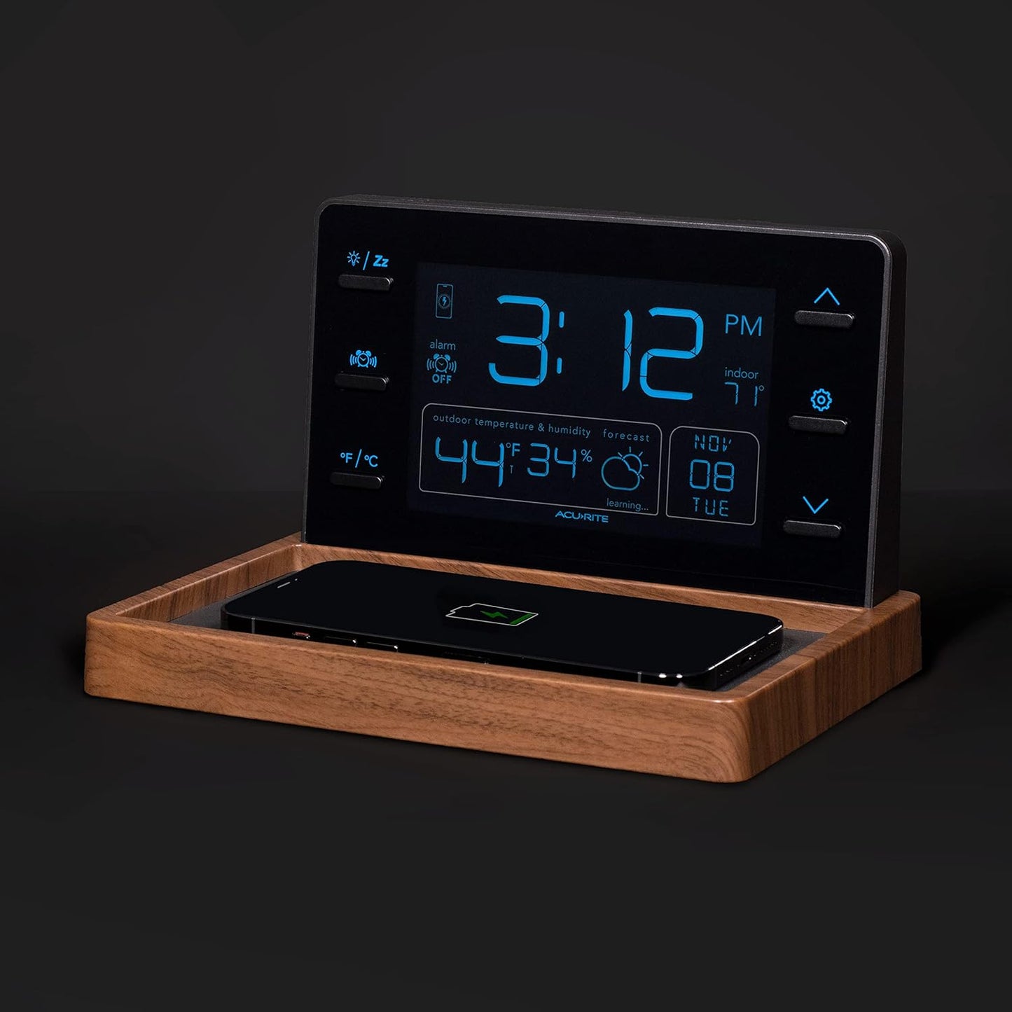 Weather Valet with Qi-Certified Wireless Charging Pad, Auto-Dimming LCD Screen, Alarm Clock, Hyperlocal Forecast, Outdoor Temperature and Humidity Measurements, and Indoor Temperature Reading (02047)