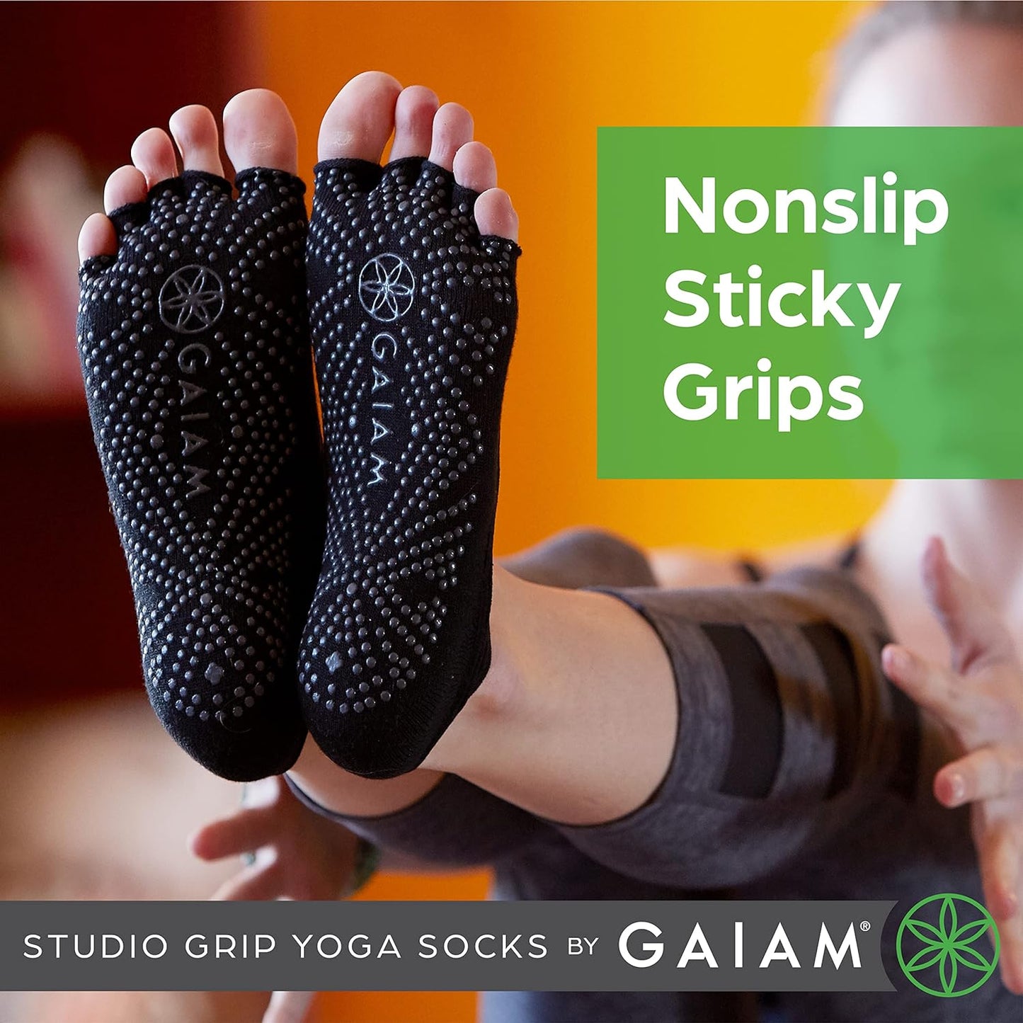 Grippy Studio Yoga Socks for Extra Grip in Standard or Hot Yoga, Barre, Pilates, Ballet or at Home for Added Balance and Stability, Black, Small-Medium, One Size