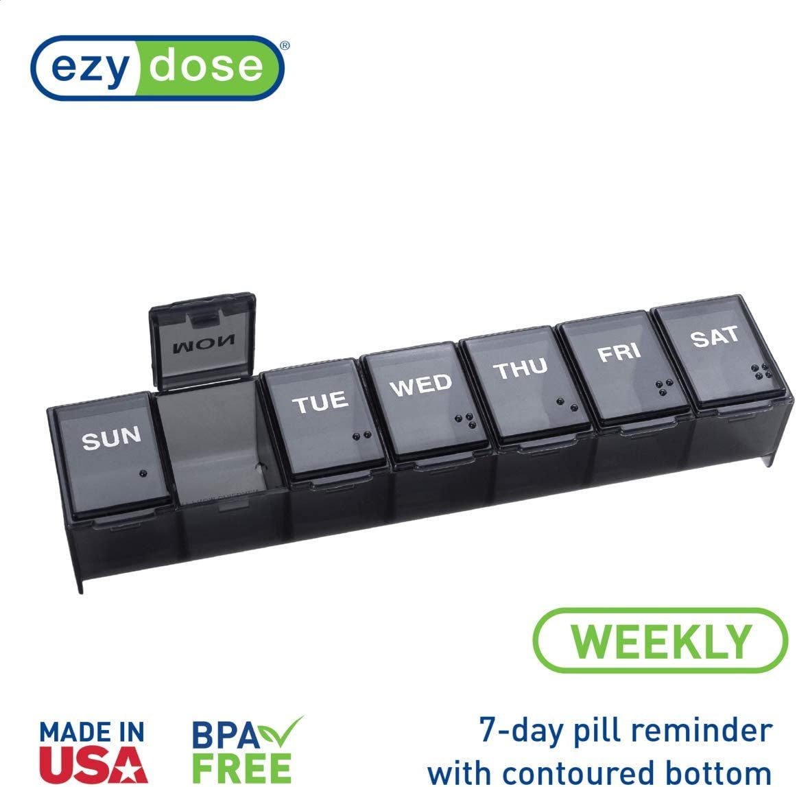 Weekly (7-Day) Pill Organizer, Vitamin Planner, and Medicine Box, Large Compartments, Includes One Black and One White - Made in the USA