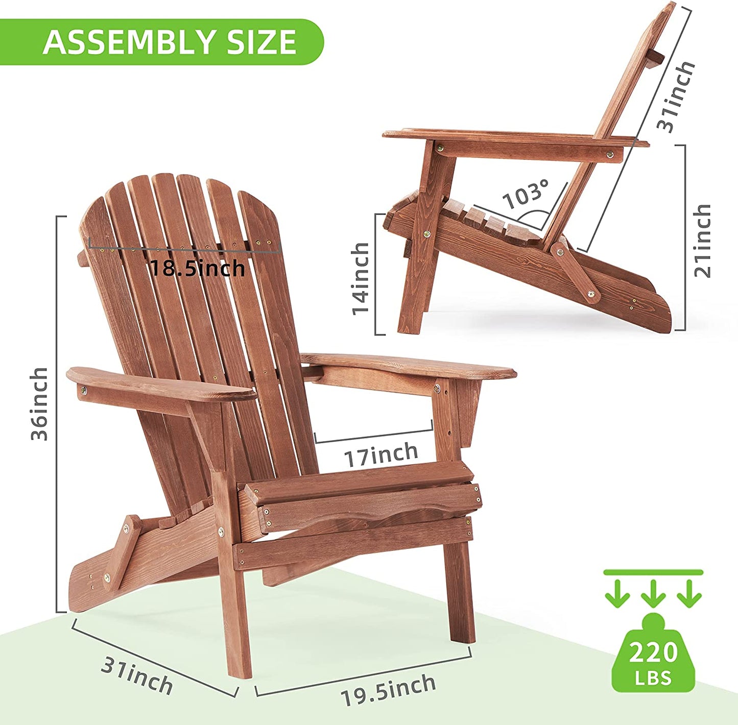 Outdoor Wooden Folding Adirondack Chair Set of 2 with Pre-Assembled Backrest, Wood Patio Chair for Garden Backyard Porch Pool Deck Firepit