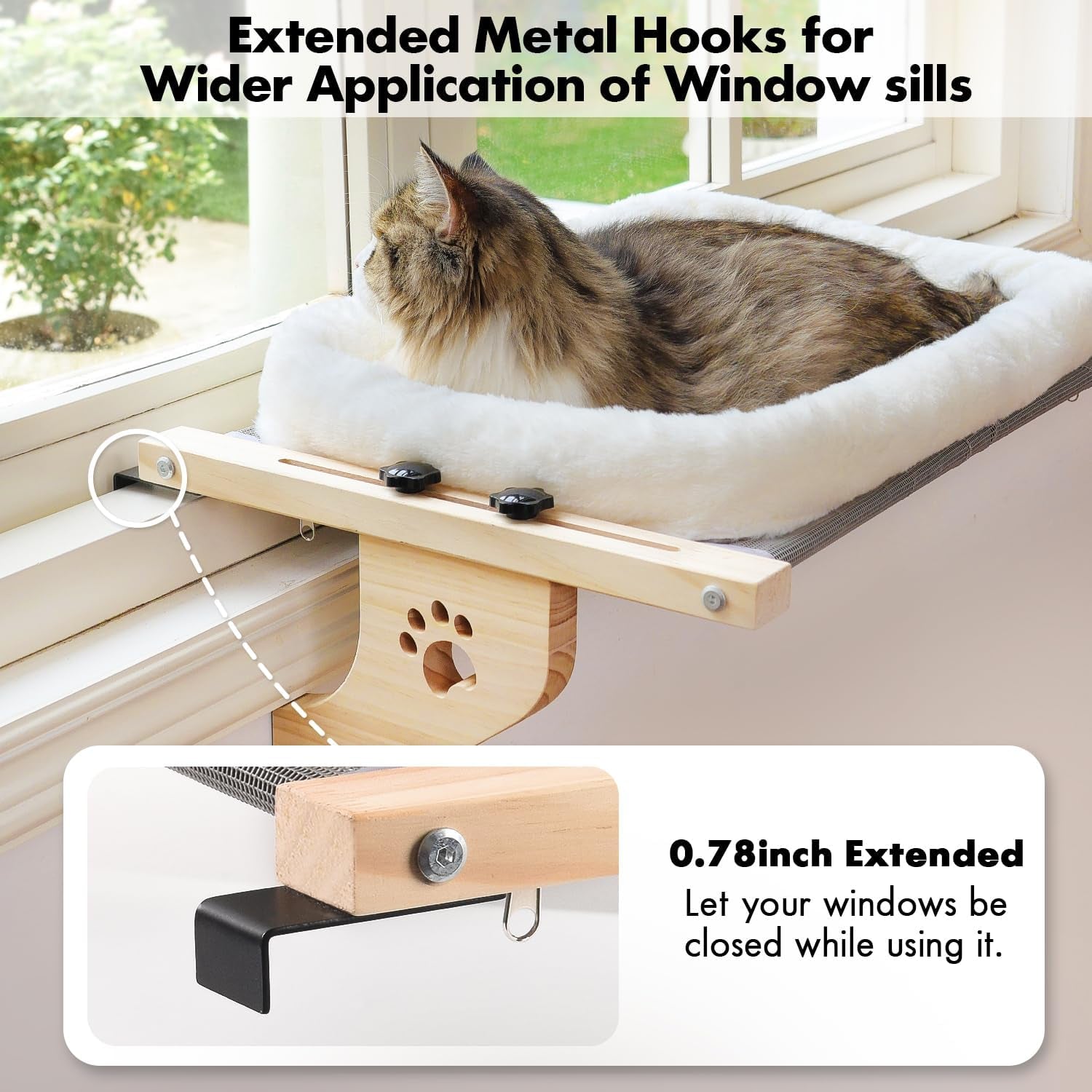 Cat Sill Window Perch Sturdy Cat Hammock Window Seat with Cushion Bed Cover, Wood & Metal Frame for Large Cats, Easy to Adjust Cat Bed for Windowsill, Bedside, Drawer and Cabinet(Cushion Bed)