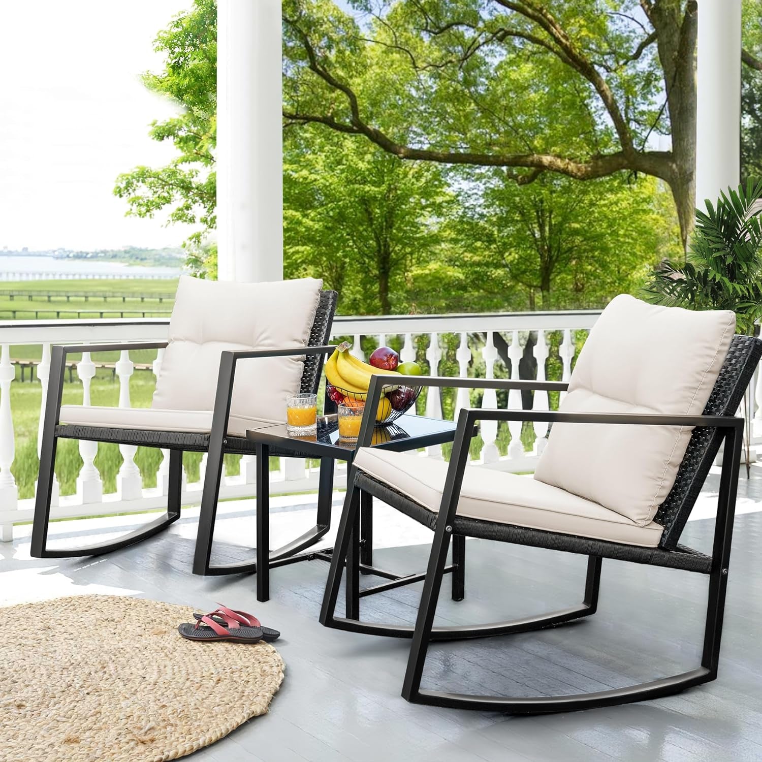 Patio Chairs 3 Piece Wicker Rocking Chair Outdoor Bistro Sets with Coffee Table and Cushions Metal Frame Patio Furniture for Porch, Balcony, Lawn (White)