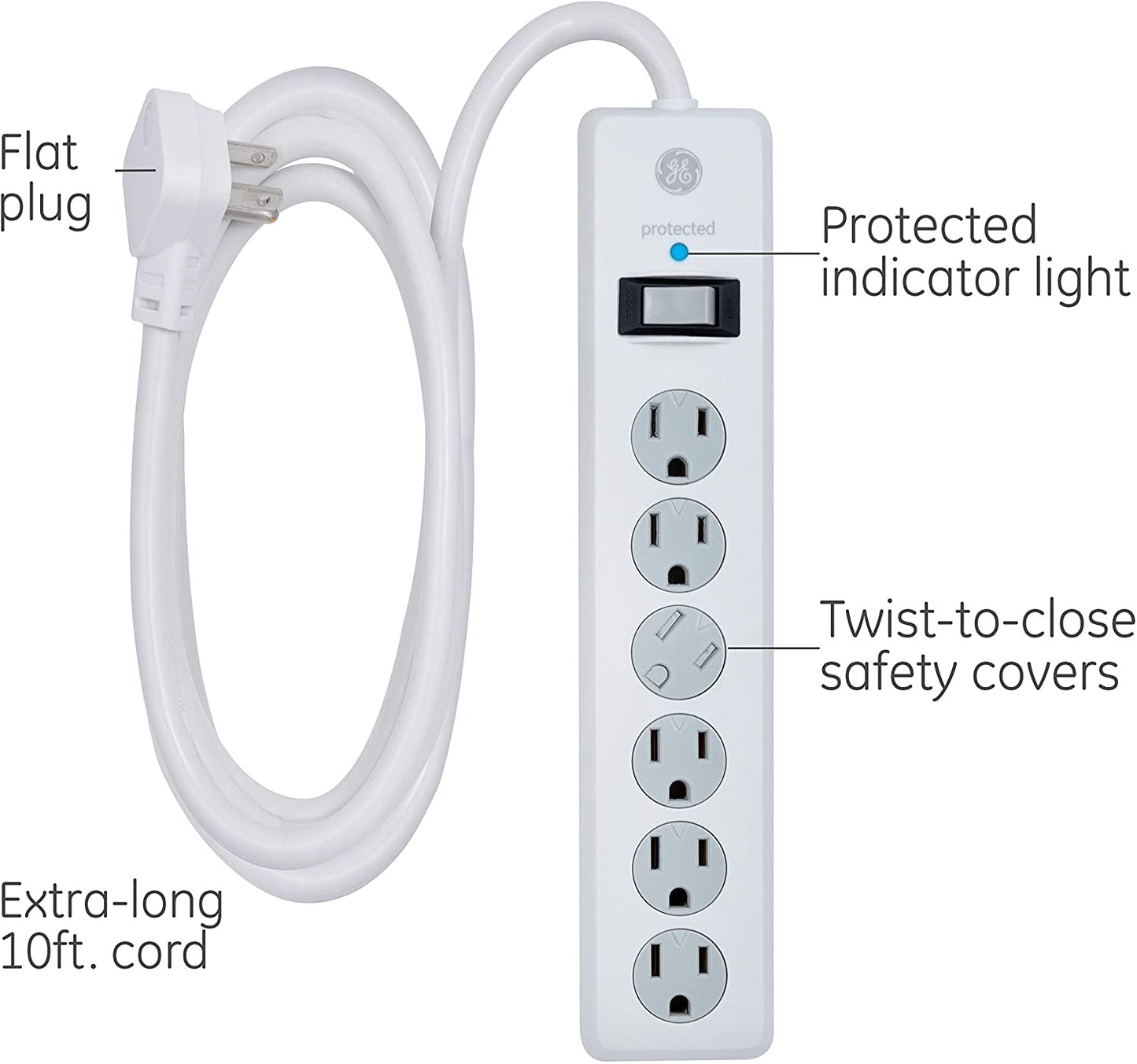 6-Outlet Sur Protector, 10 Ft Extension Cord, Power Strip, 800 Joules, Flat Plug, Twist-To-Close Safety Covers, UL Listed, White, 14092