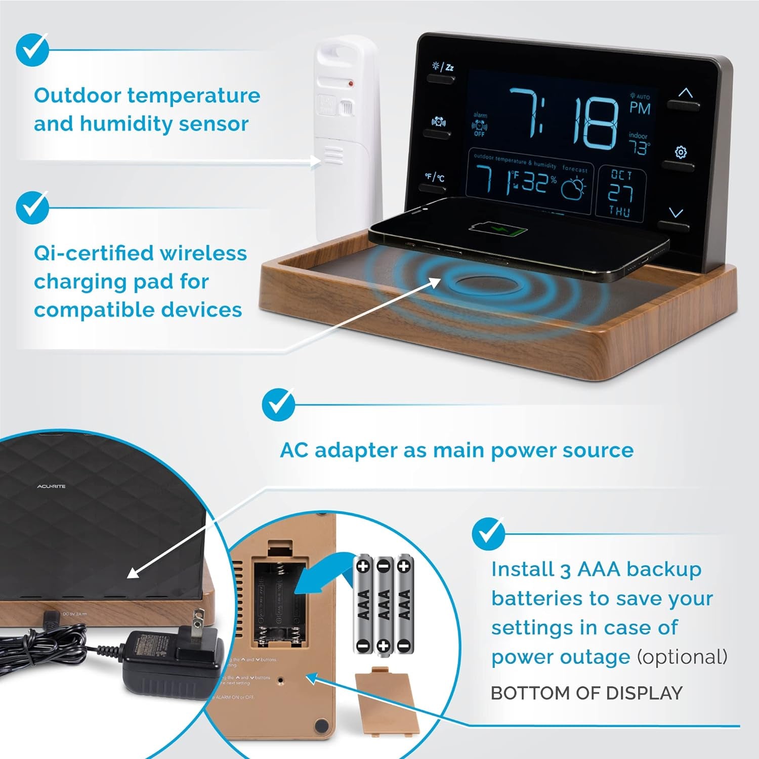 Weather Valet with Qi-Certified Wireless Charging Pad, Auto-Dimming LCD Screen, Alarm Clock, Hyperlocal Forecast, Outdoor Temperature and Humidity Measurements, and Indoor Temperature Reading (02047)