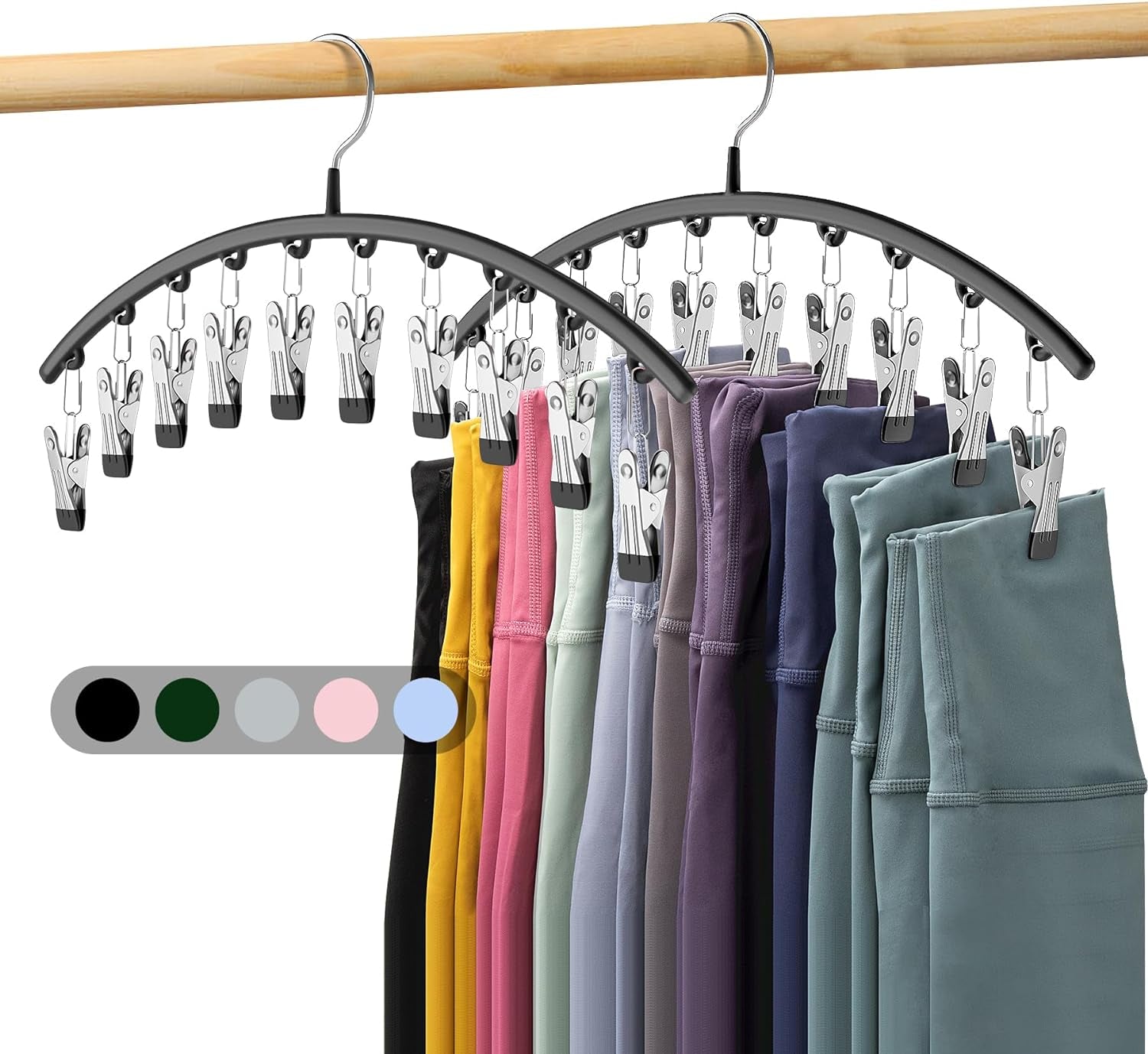 Legging Organizer for Closet, Metal Yoga Pants Hangers 2 Pack W/10 Clips Holds 20 Leggings, Space Saving Hanging Closet Organizer W/Rubber Coated Closet Organizers and Storage, Black