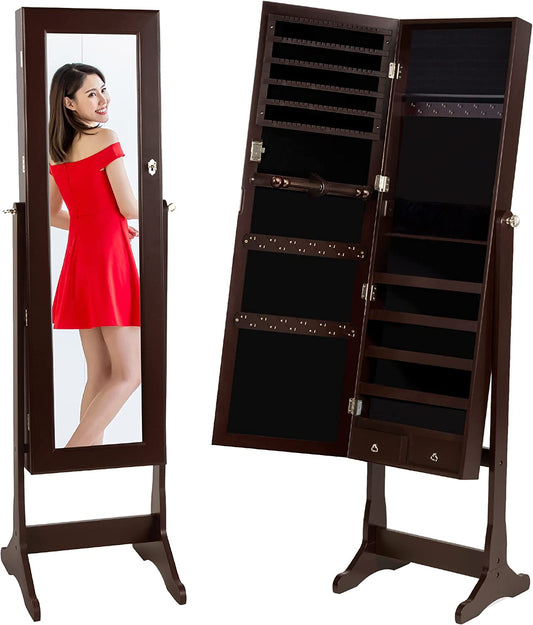 Standing Mirror Armoire, Lockable Jewelry Storage Organizer Cabinet W/ Velvet Interior, 3 Angle Adjustments - Brown