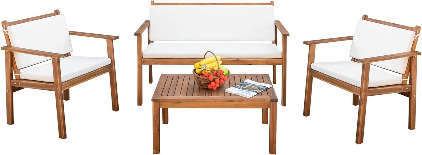 Patio Furniture 4 Piece Acacia Wood Outdoor Conversation Sofa Set with Table & Cushions Porch Chairs for Garden, Deck, Backyard, Beige