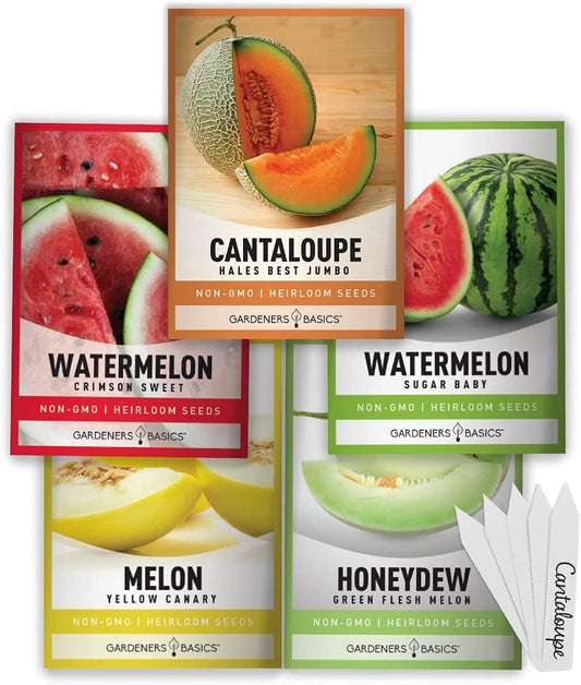 Melon Fruit Seeds for Planting Home Garden 5 Variety Packs - Hales Best Cantaloupe, Crimson Sweet Watermelon, Yellow Canary Melon, Green Flesh Honeydew Melon, Sugar Baby Watermelon by