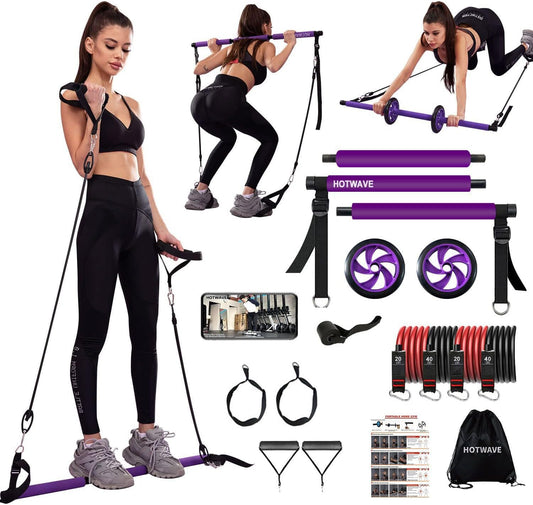Pilates Bar Kit with Resistance Band Set, Exercise Bar with AB Roller,Yoga Stretching Equipment, Portable Home Gym