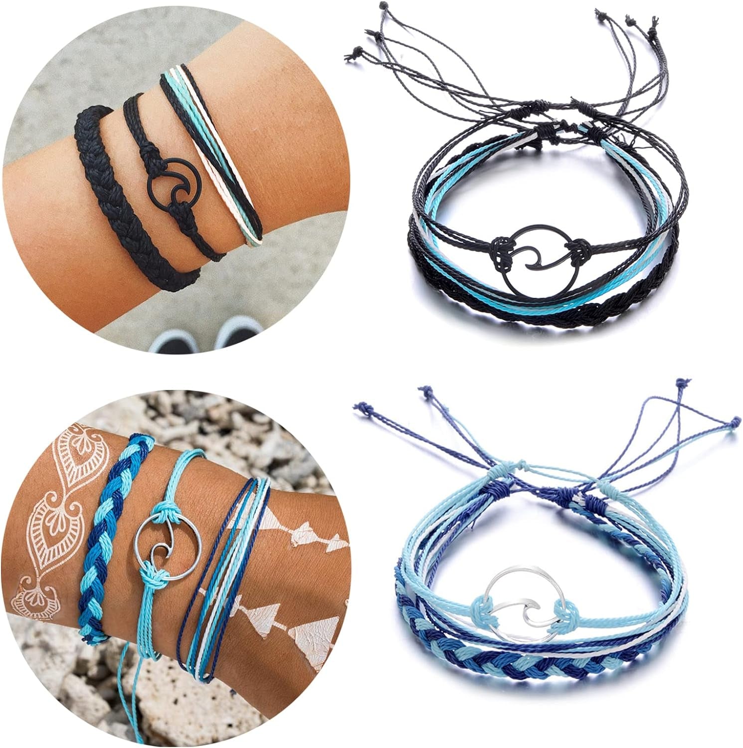 Surf String Wave Bracelets for Women Girls Boho Handmade Waterproof Adjustable Braided Beach Surfer Bracelets Set