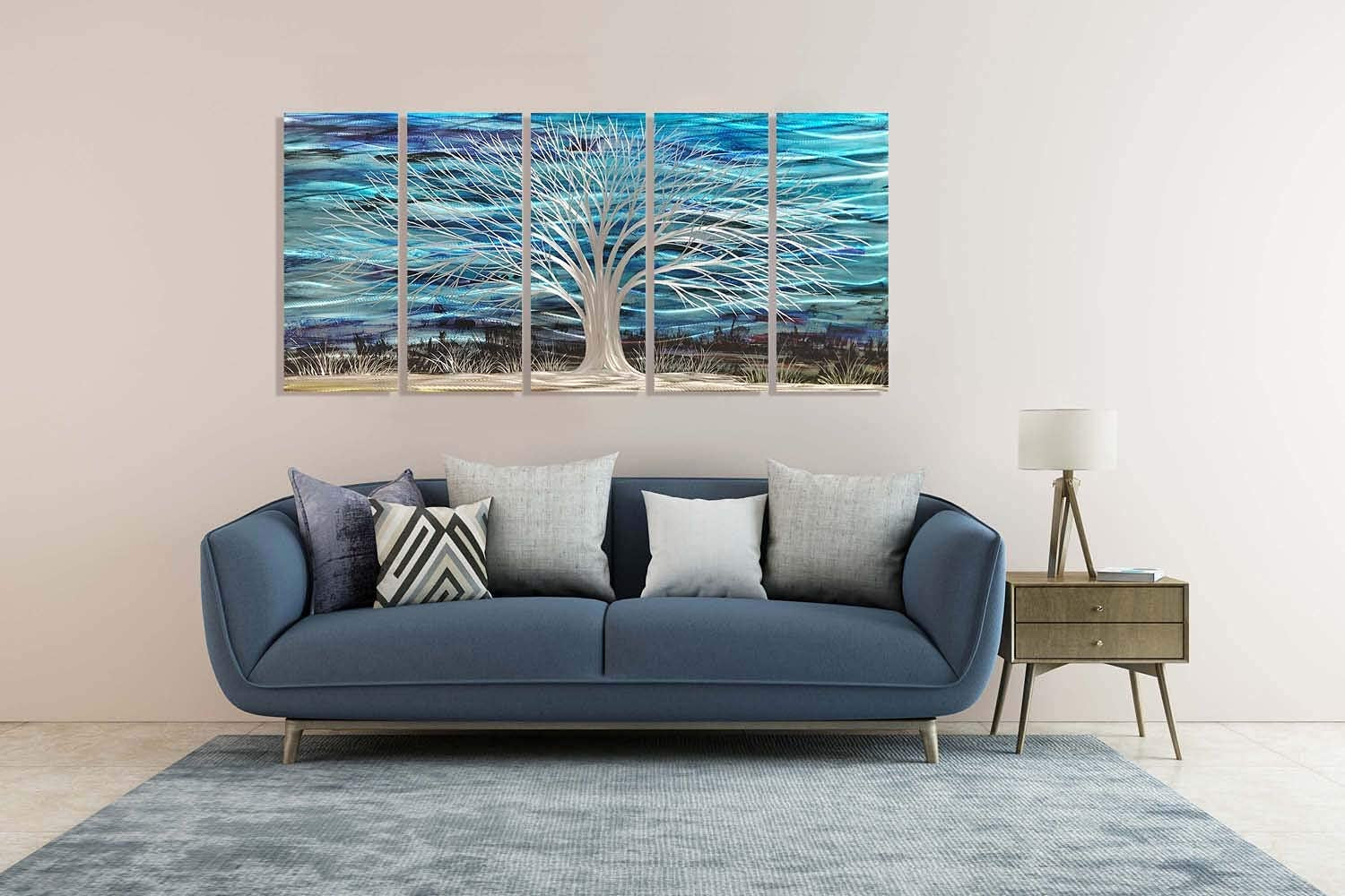 Blue Metal Wall Art Large Modern Artwork 3D Horizontal Sculpture with Bright Silver Tree on Aluminum Abstract Wall Decor 5 Panels Blue Accents for Living Room Bedroom Dining Room Office