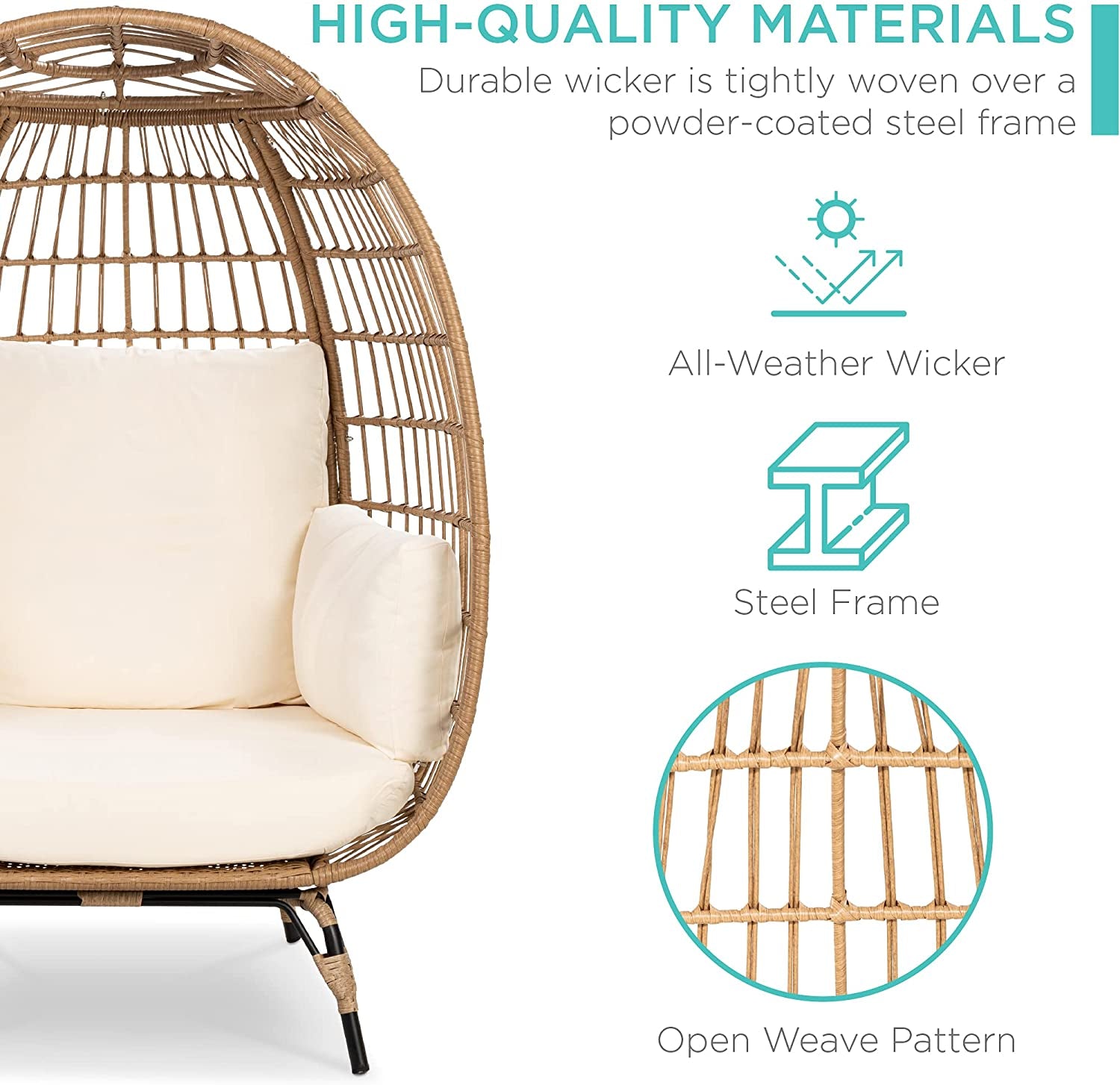 Wicker Egg Chair, Oversized Indoor Outdoor Lounger for Patio, Backyard, Living Room W/ 4 Cushions, Steel Frame, 440Lb Capacity - Ivory