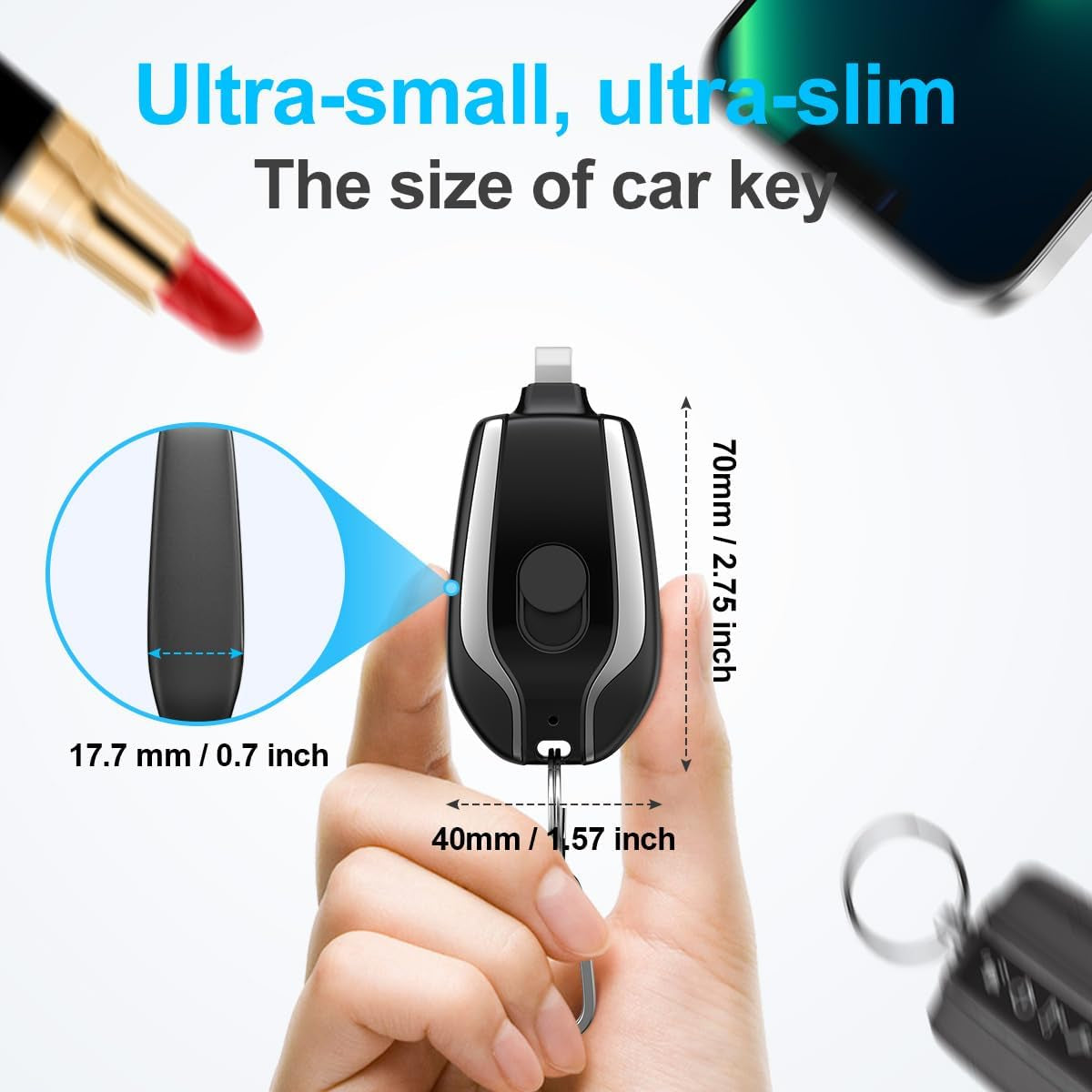A Black Friday Deal Keychain Portable Charger for Iphone Cell Phone, 2000Mah Mini Power Emergency Pod, Ultra-Compact External Fast Charging Power Bank Battery Pack, Key Ring Cell Phone Charger,Small Charger for Airpods,Black