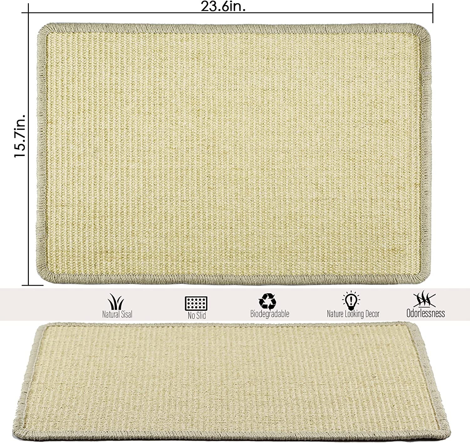 Cat Scratcher Mat, 23.6X15.7” Natural Sisal Scratching Mat with Velcro Tape,Stick on Floor and Wall Cat Scratch Pad Rug, Horizontal Cat Scratch Mat Protect Carpet and Sofa (Natural Color)