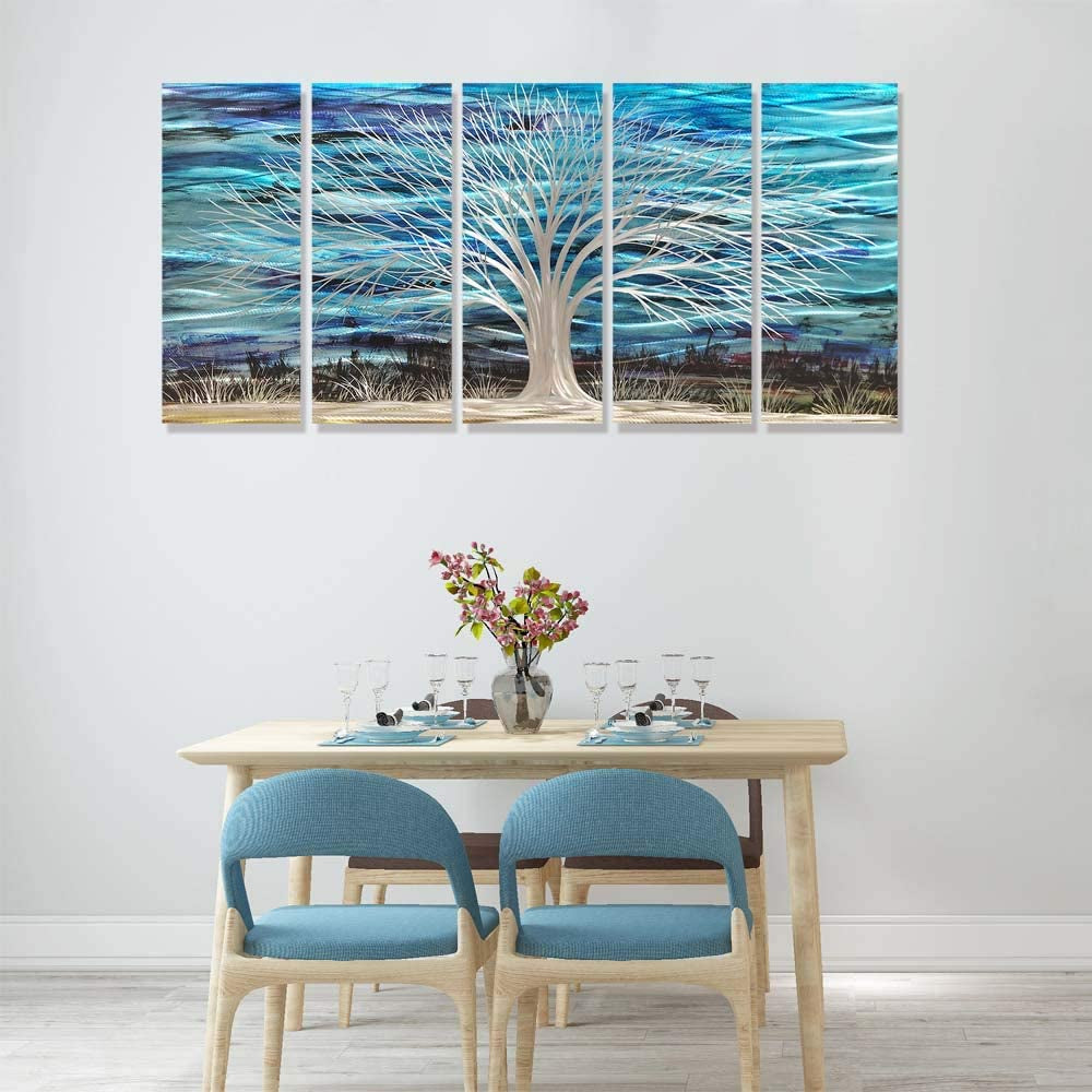 Blue Metal Wall Art Large Modern Artwork 3D Horizontal Sculpture with Bright Silver Tree on Aluminum Abstract Wall Decor 5 Panels Blue Accents for Living Room Bedroom Dining Room Office