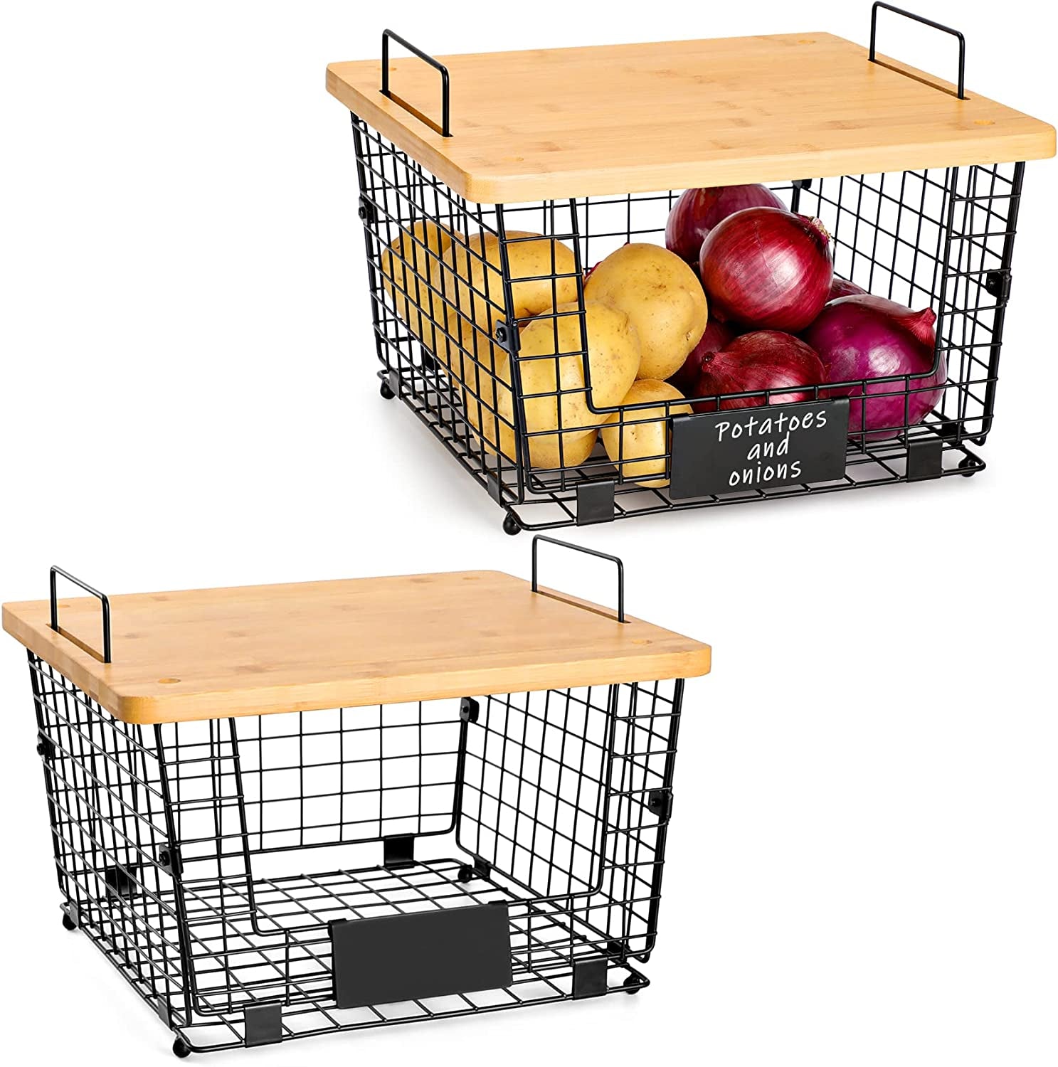 2 Set Kitchen Counter Basket with Bamboo Top - Pantry Cabinet Organization and Storage Wire Basket - Countertop Organizer for Produce, Fruit, Vegetable ( Onion, Potato ), Bread, K-Cup Coffee Pods