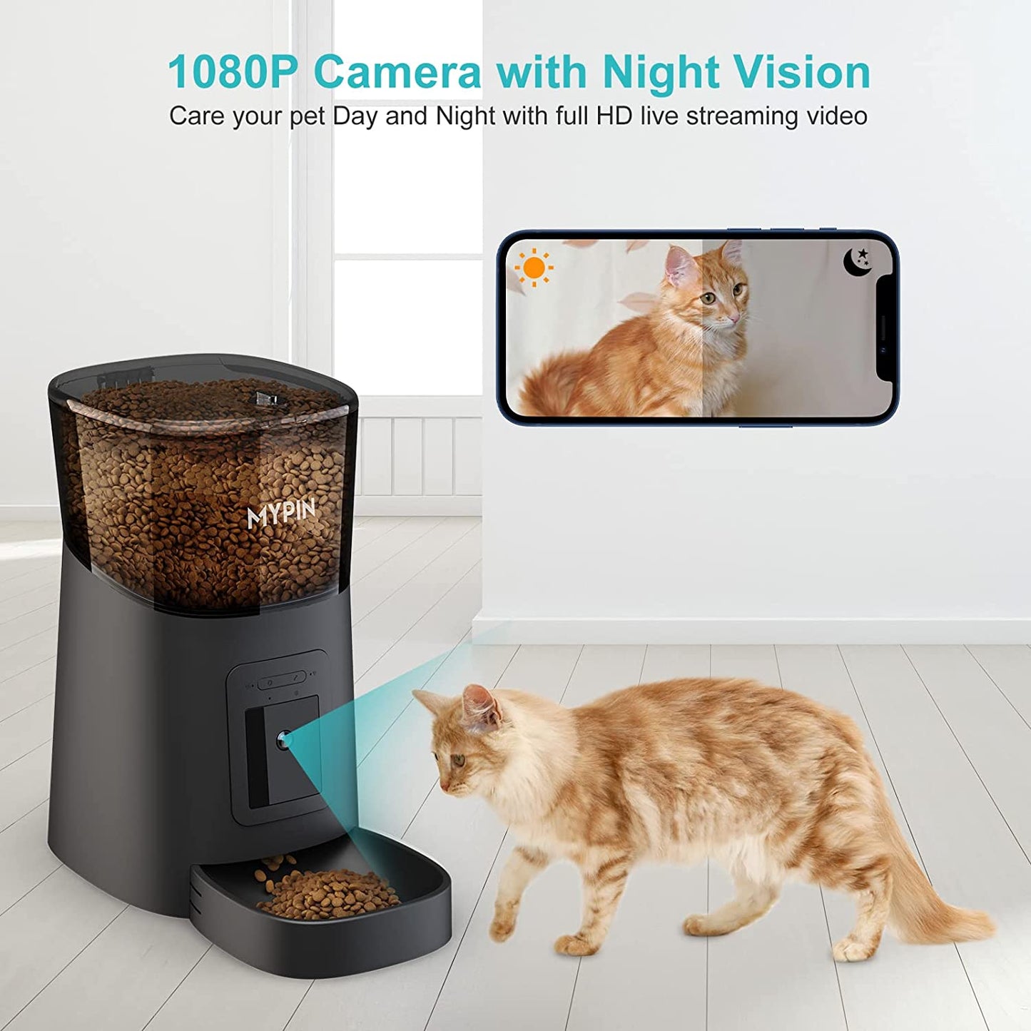 Video Automatic Pet Feeder with HD Camera, Food Dispenser for Cats and Dogs Wifi Smart Feeder with Camera 6L 2-Way Audio,Mobile Phone Control, Timed Feeder,Desiccant Bag up to 8 Meals per Day