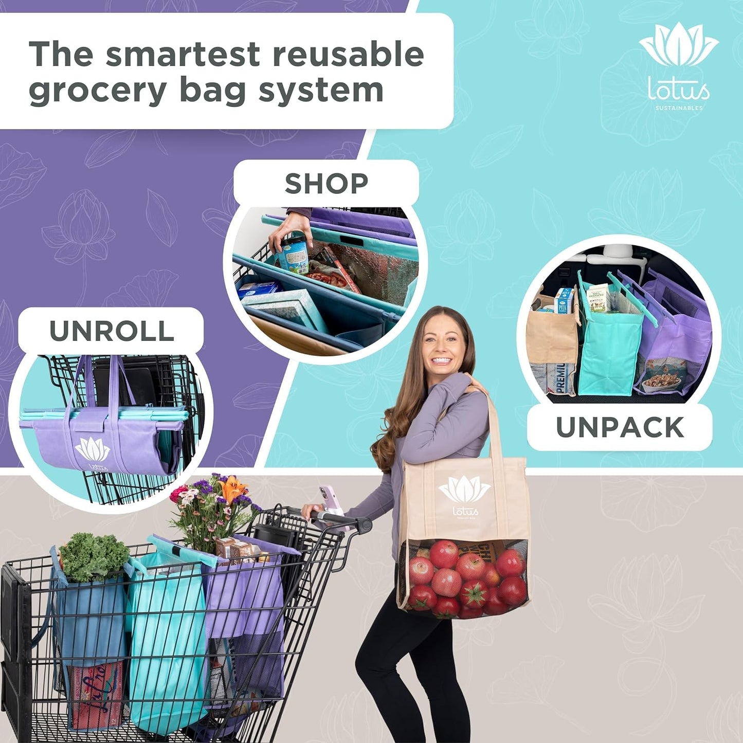 Grocery Store Reusable Easy Cart and Pack Set of 4 -W/Lrg COOLER Bag & Egg/Wine Holder! Reusable Grocery Cart Bags Sized for USA. Washable Eco-Friendly 4-Bag Grocery Tote. 
